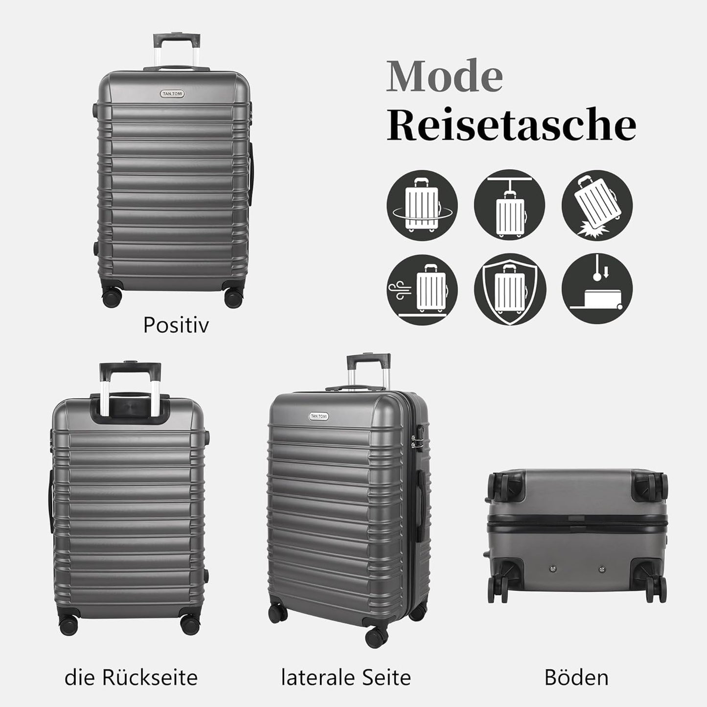 3-teiliges Hartschalenkoffer-Set mit 360°-Rollen, Koffer-Set Dunkelgrau