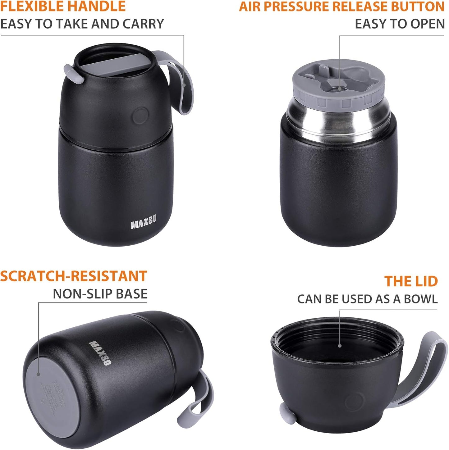 Thermobehälter-Set mit Löffel, 500ml + 700ml, Schwarz 500 ml + 700 ml