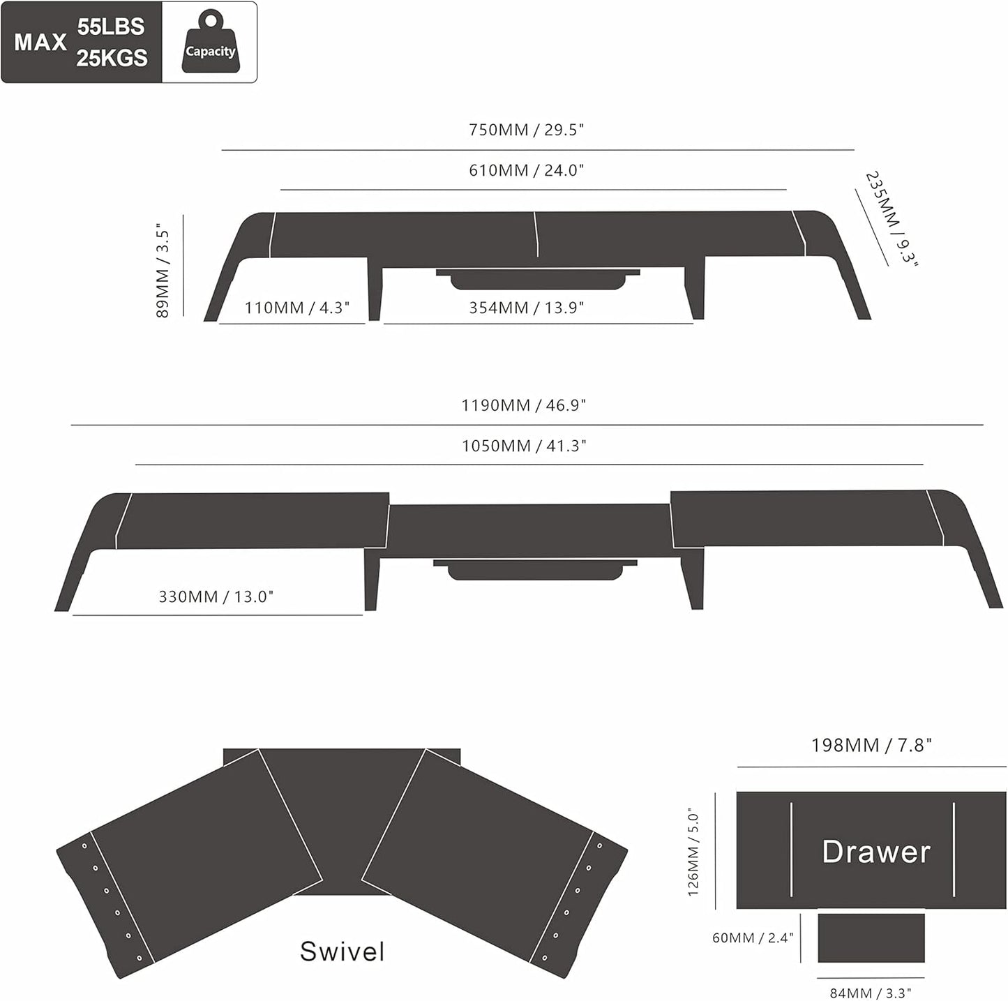 Dual Monitorständer mit Schublade und Handyhalter, 75-119 x 23,5 x 8,9 cm Schwarz