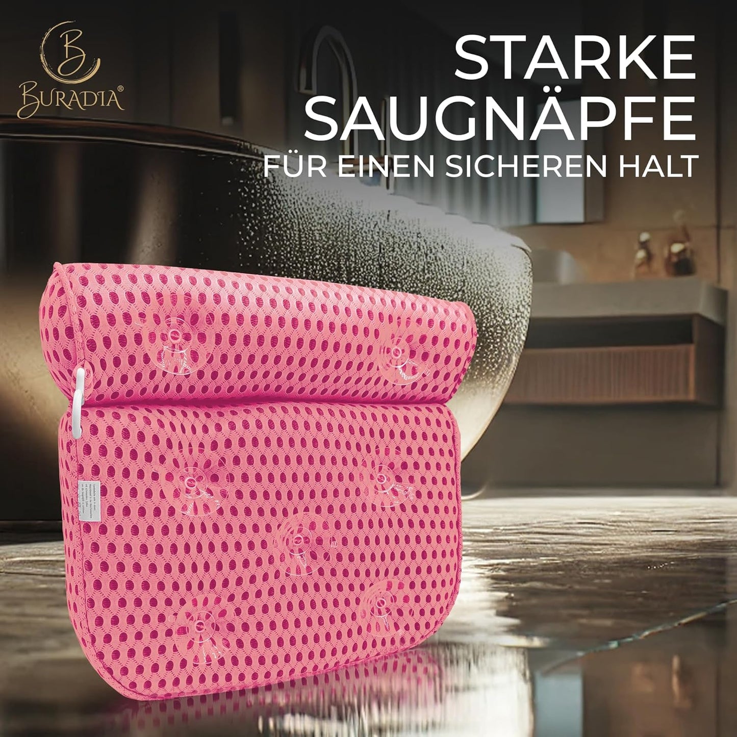 Badewannenkissen mit Saugnäpfen und Wäschenetz, Rosa