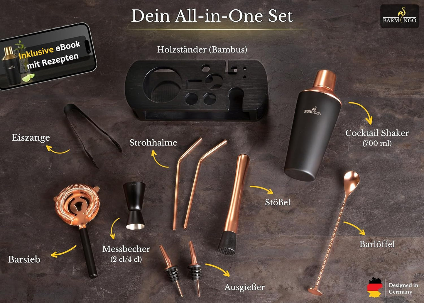 Cocktail Shaker Set (11-teilig), Schwarz-rosegold
