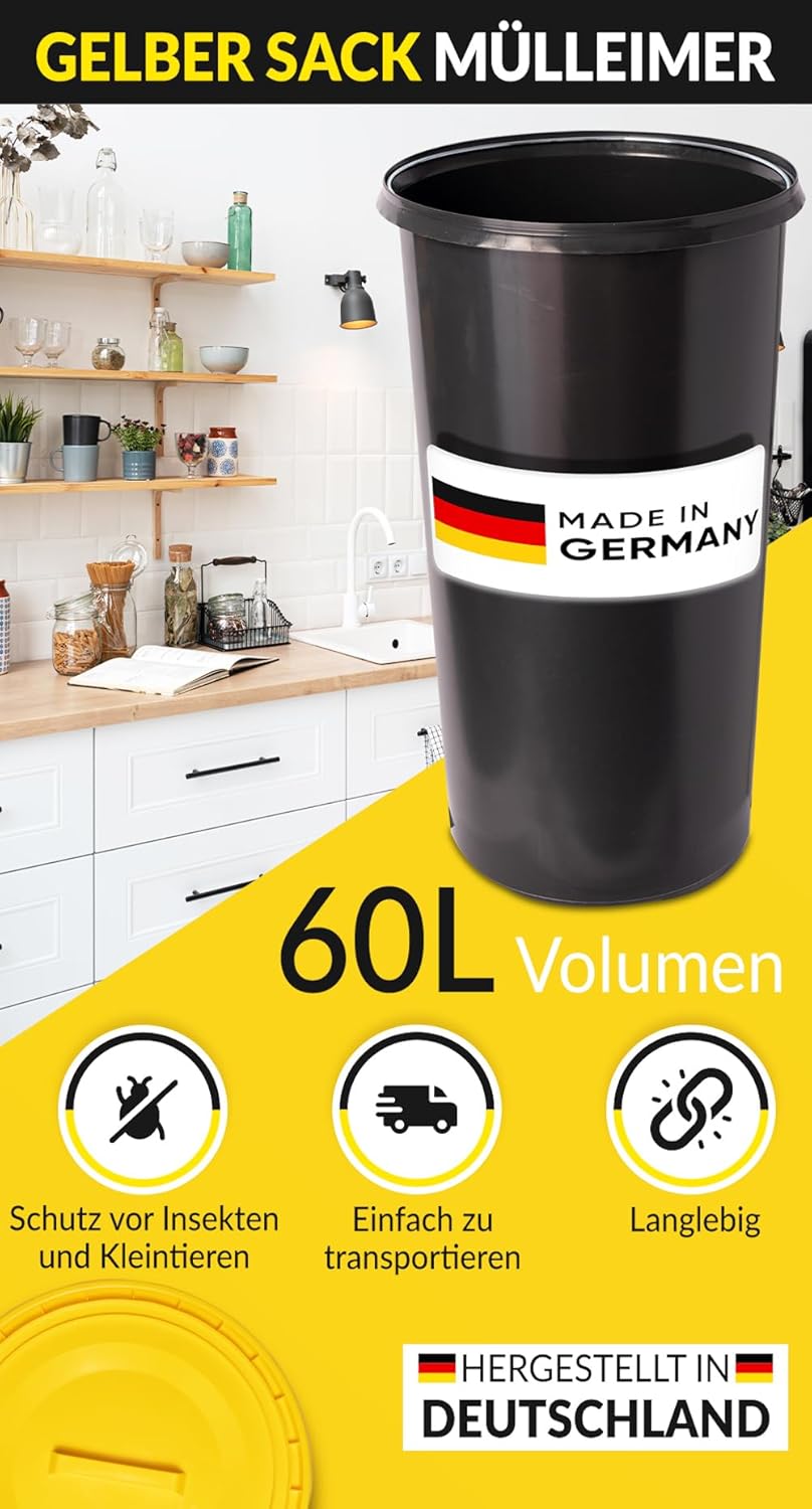 Müllsackständer 60L mit Deckel und Ring, schwarz-gelb