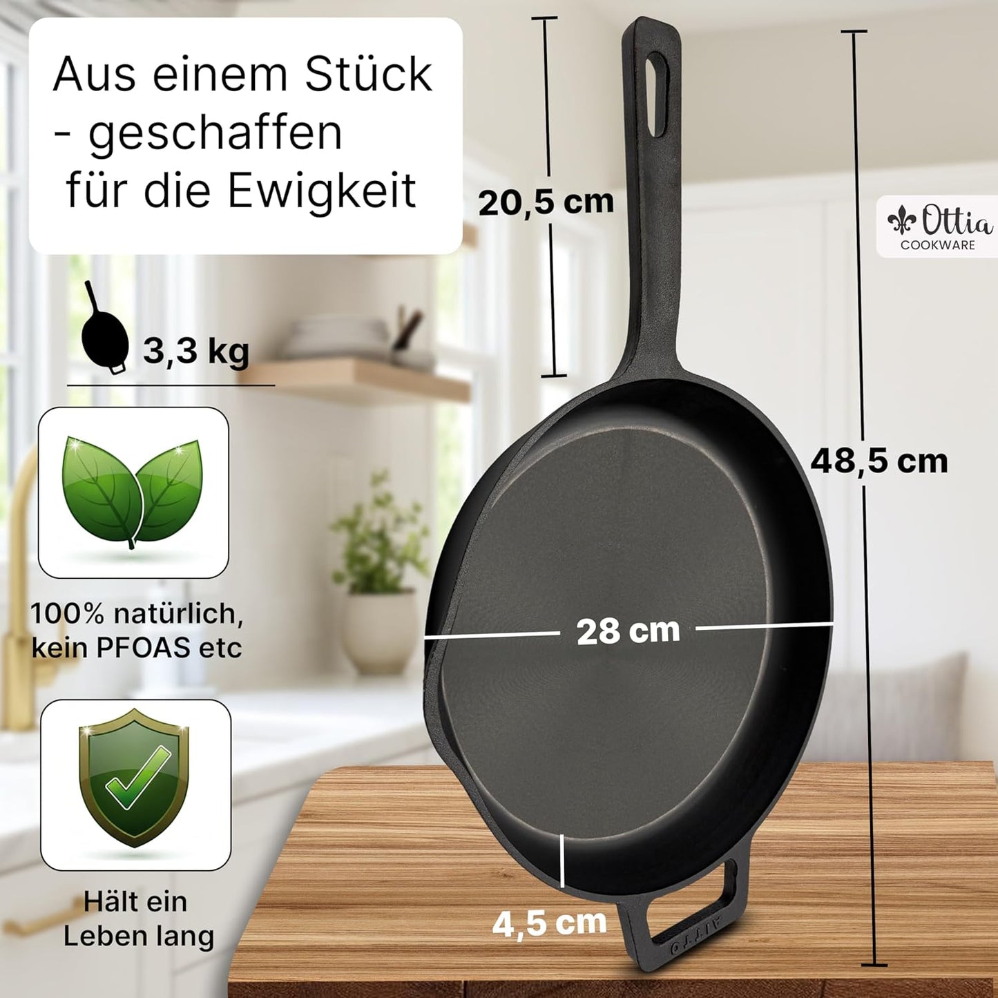 Gusseisenpfanne 28cm robust und widerstandsfähig, 28cm ohne Zubehör