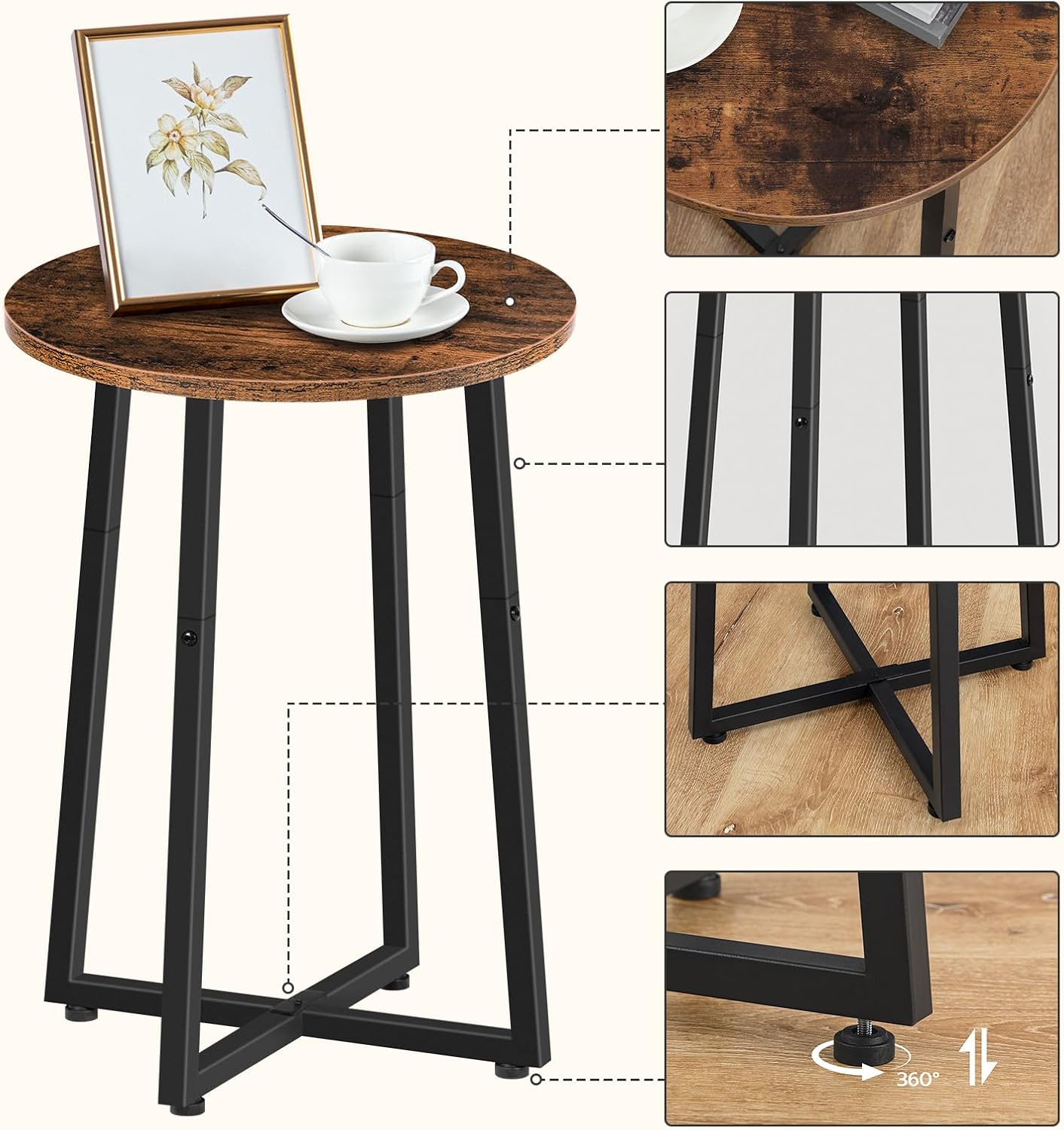 Beistelltisch Rund mit X-förmigem Metallrahmen, Vintagebraun + Schwarz