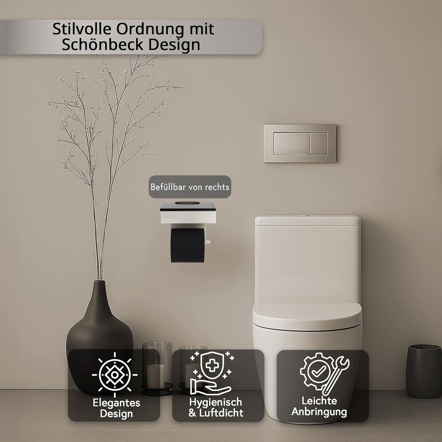 Toilettenpapierhalter mit Feuchttücherbox, Gehäuse Poliert Abdeckung Glas Schwarz