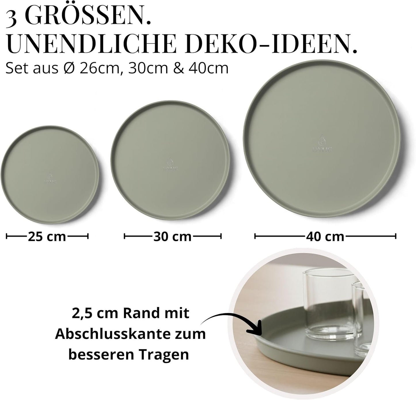 Rundes Dekotablett 3er Set, Grün