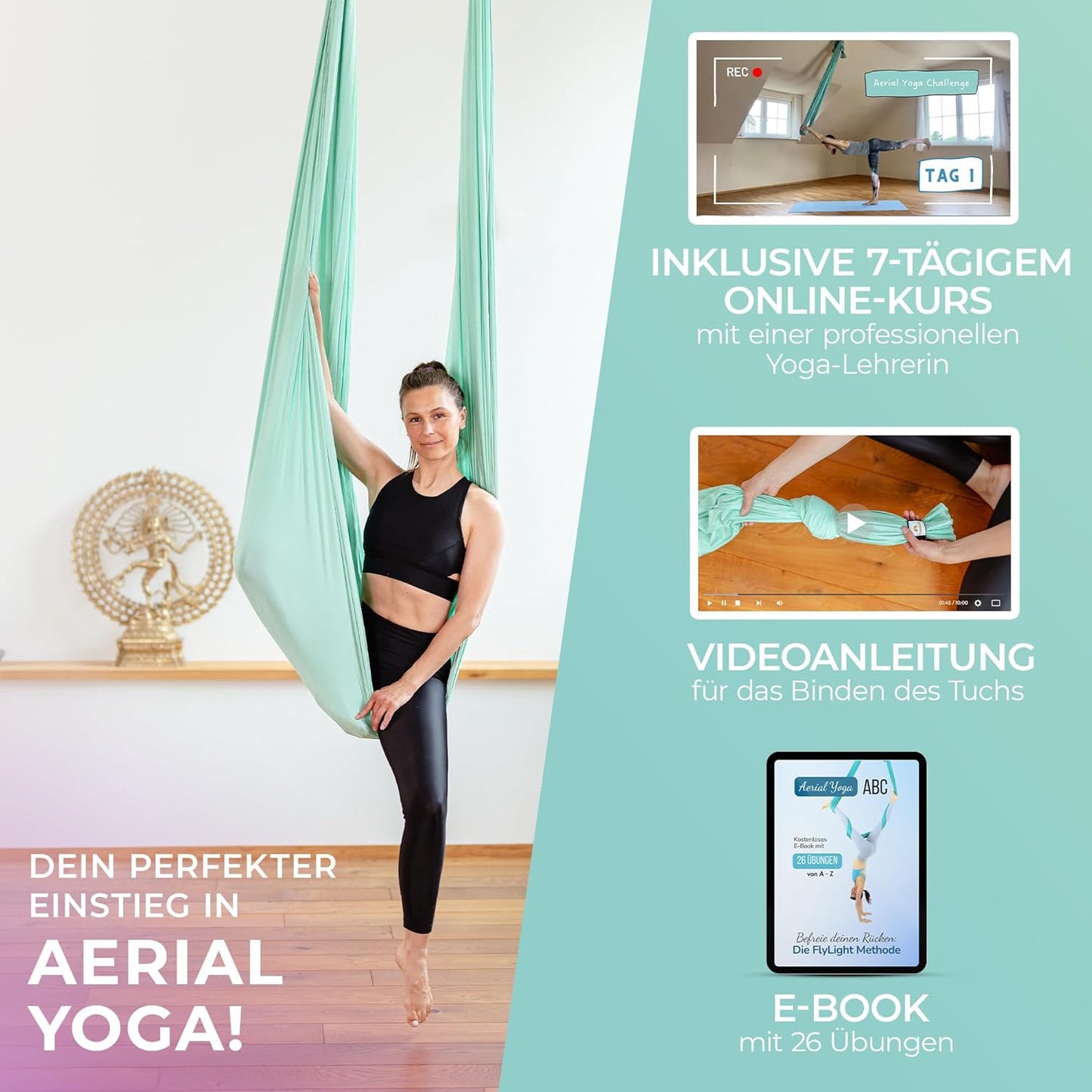 Yogatuch für Aerial Yoga, Mintgrün (1 Set) Einheitsgrösse