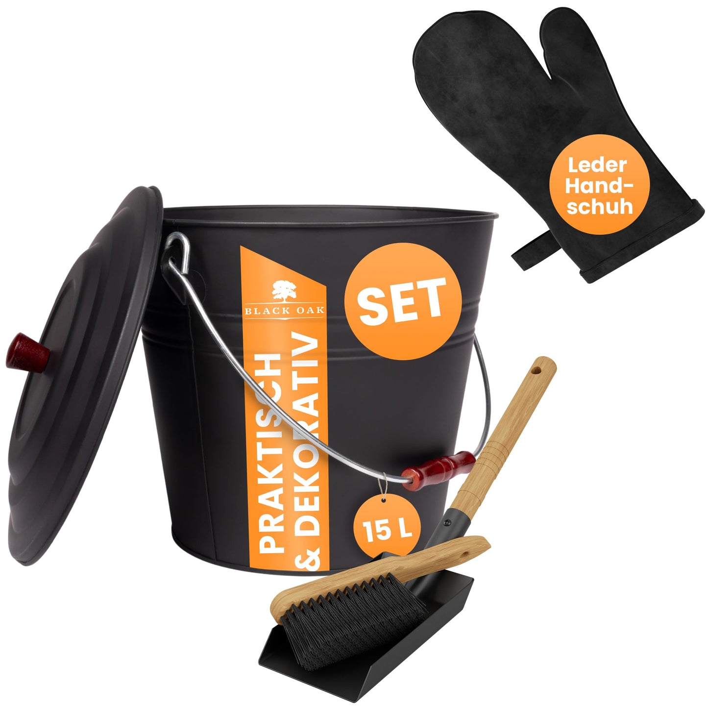 Katla Ascheeimer-Set mit Schaufel & Besen, Katla 15L Eimer + Lederhandschuh + Kehrset Eimer & Zubehör 3
