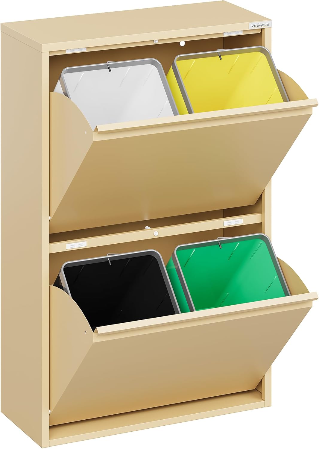 Küchen Mülltrennsystem mit Klappdeckel, 4x15L, Beige, 4 X 15 L