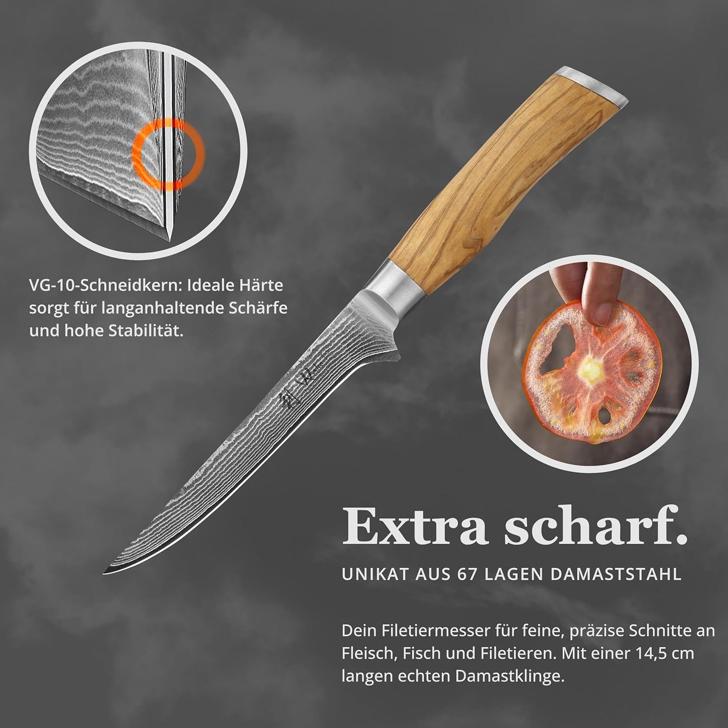 Damast-Ausbeinmesser mit Olivenholzgriff, Ausbeinmesser