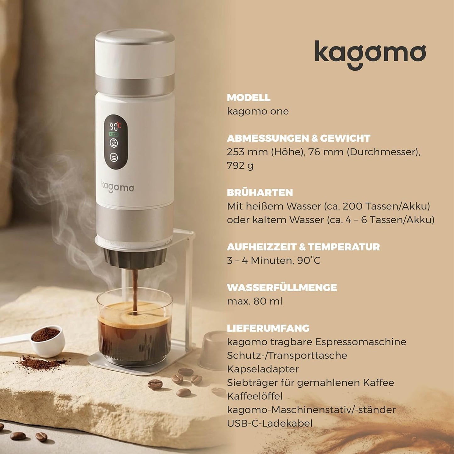 Tragbare Espressomaschine mit Akku, Weiss