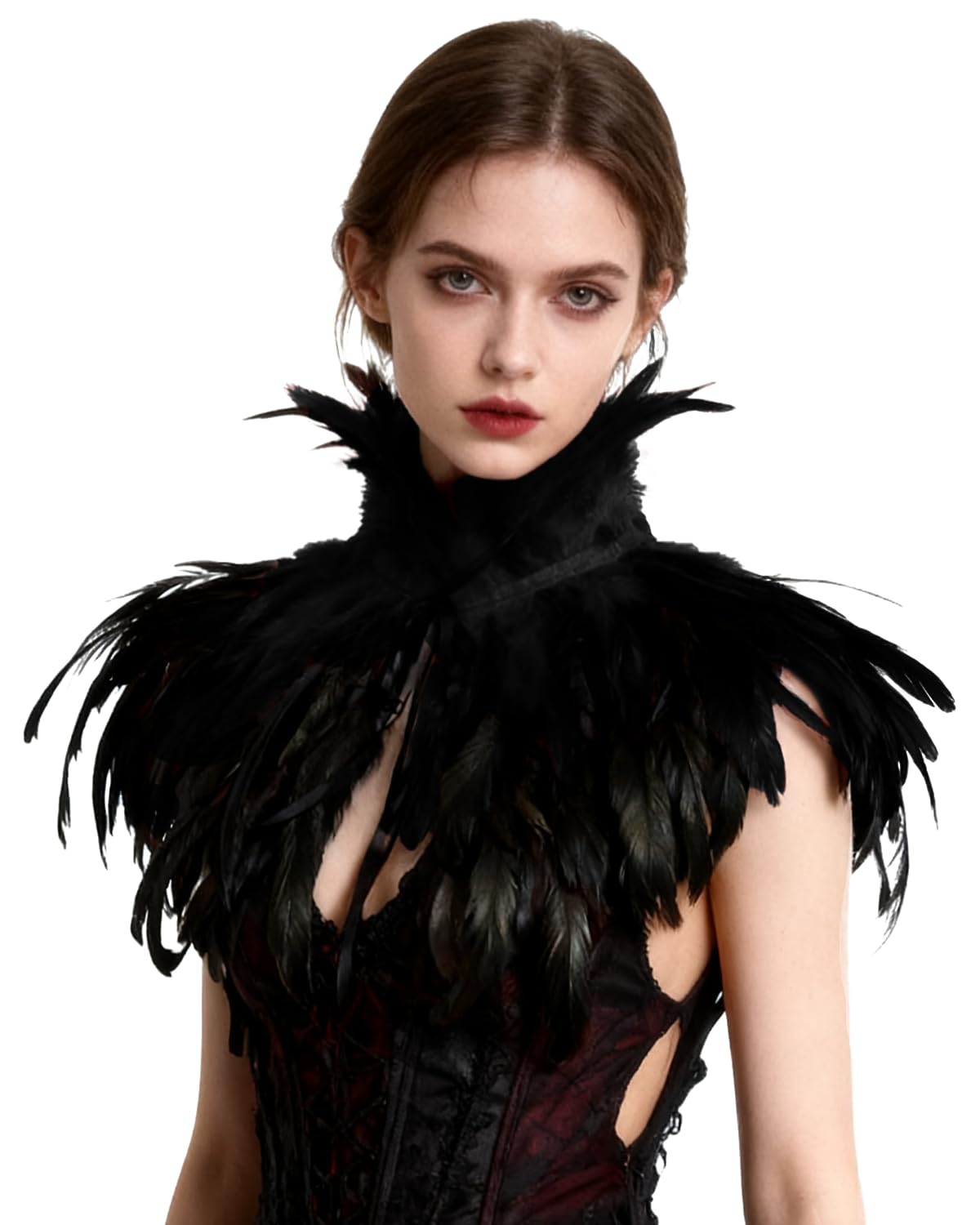 Gothic Feder-Kap Poncho mit Kragen, Schwarz