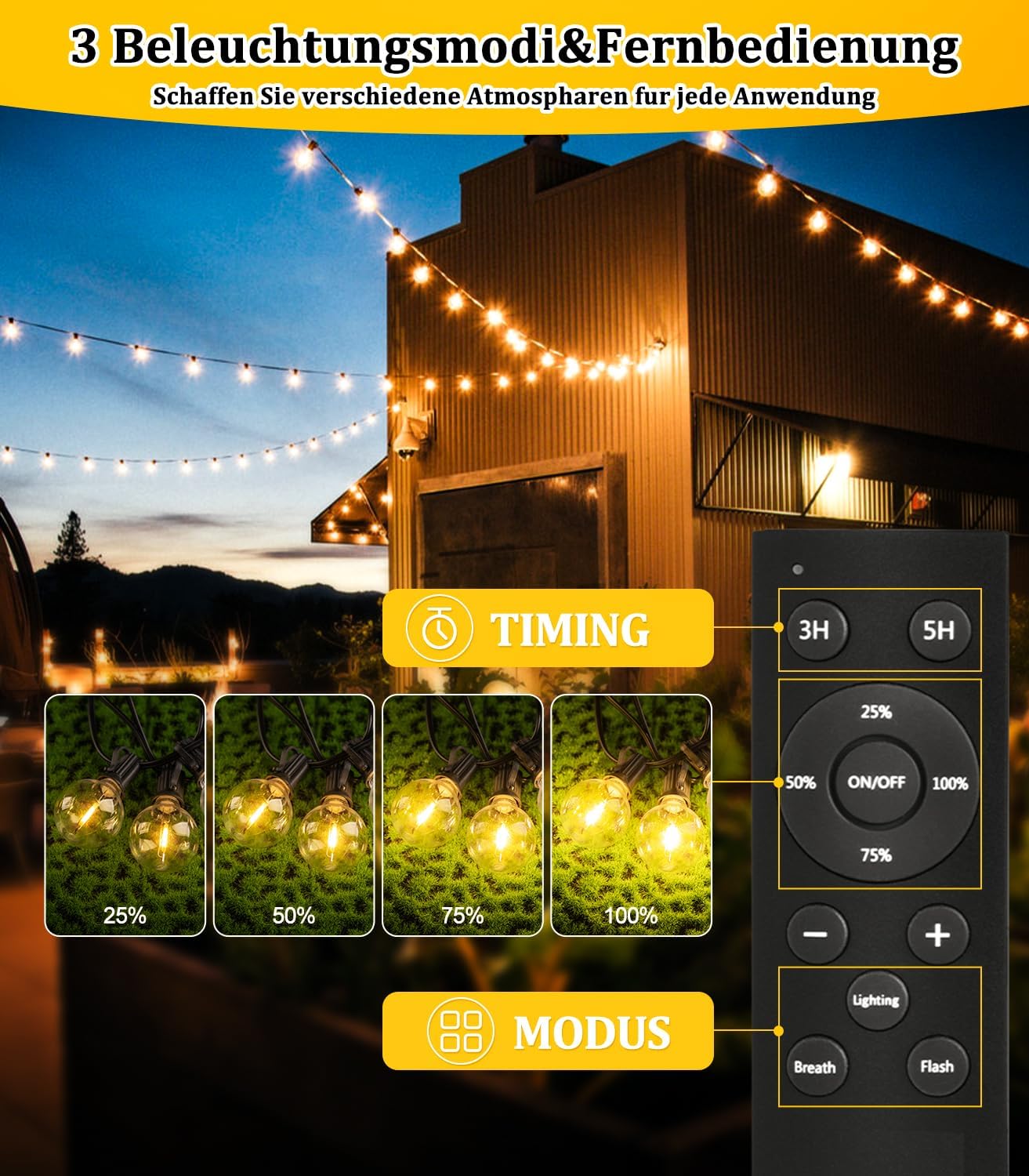 Solar LED Lichterkette mit Fernbedienung, G40 Gewinde, 20M-Solarenergie