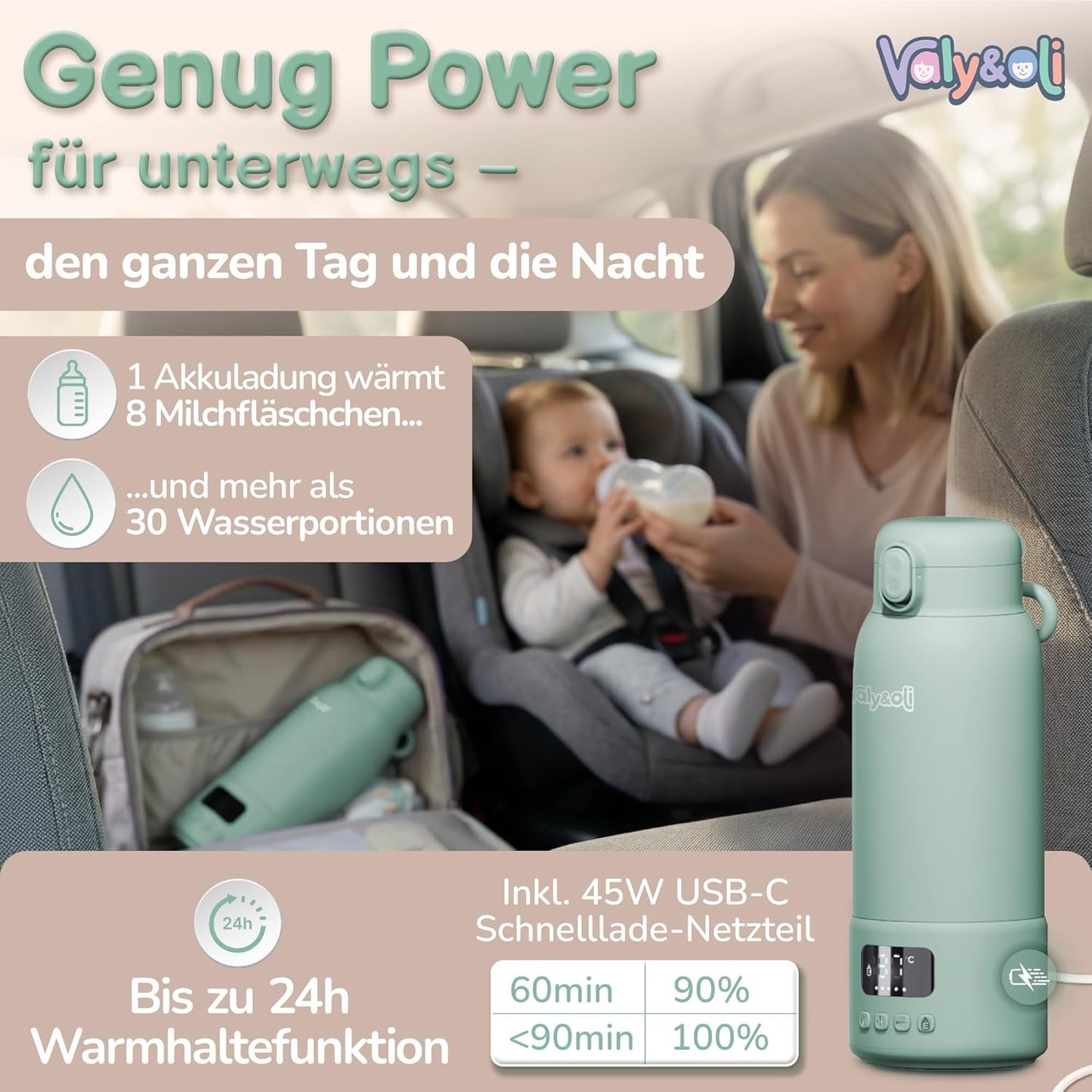 Tragbarer Babyflaschenwärmer mit Akku, Salbei-Grün