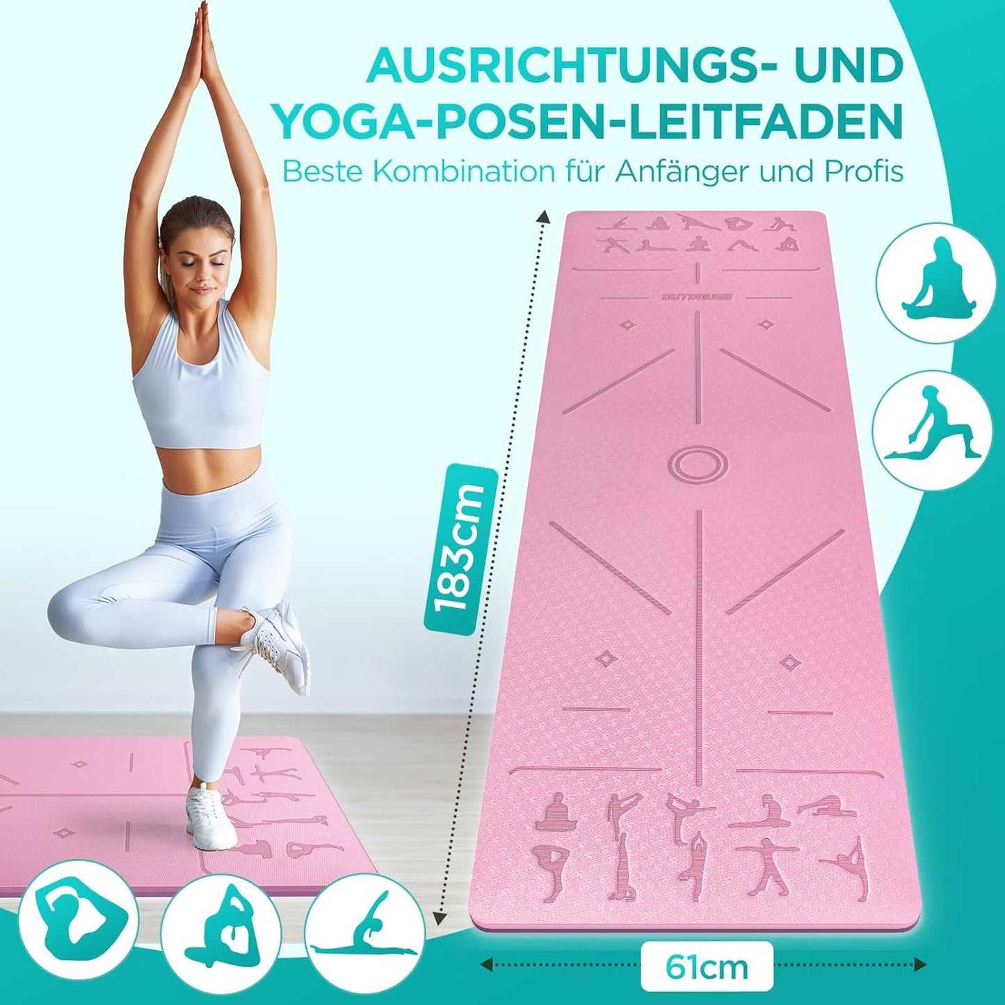 Rutschfeste Yogamatte, lila und rosa 183 cm x 61 cm x 1 cm