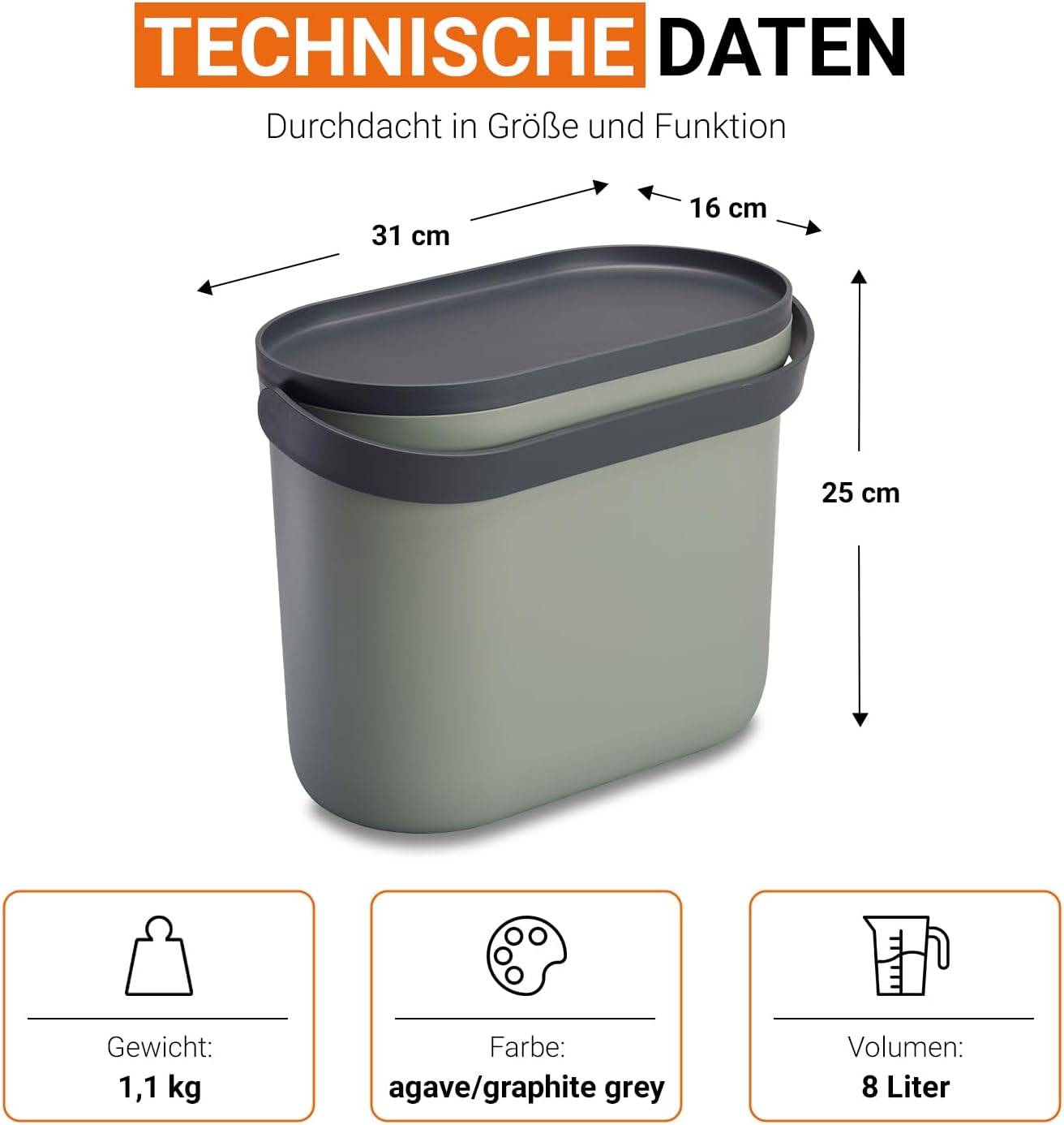Geruchsdichter Komposteimer mit Innensieb Nova, 8 L Agave / Graphite Grey