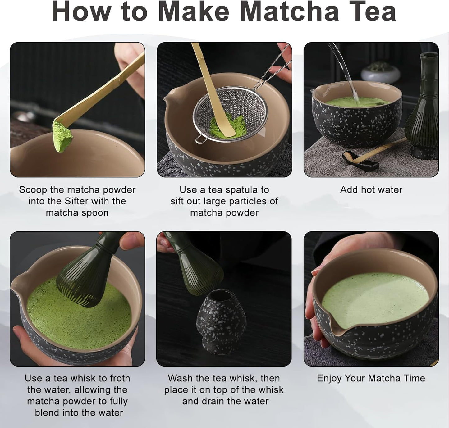 7-teiliges Matcha-Set, Spitzauslauf, Schwarz Gesprenkelt Harz – Grün