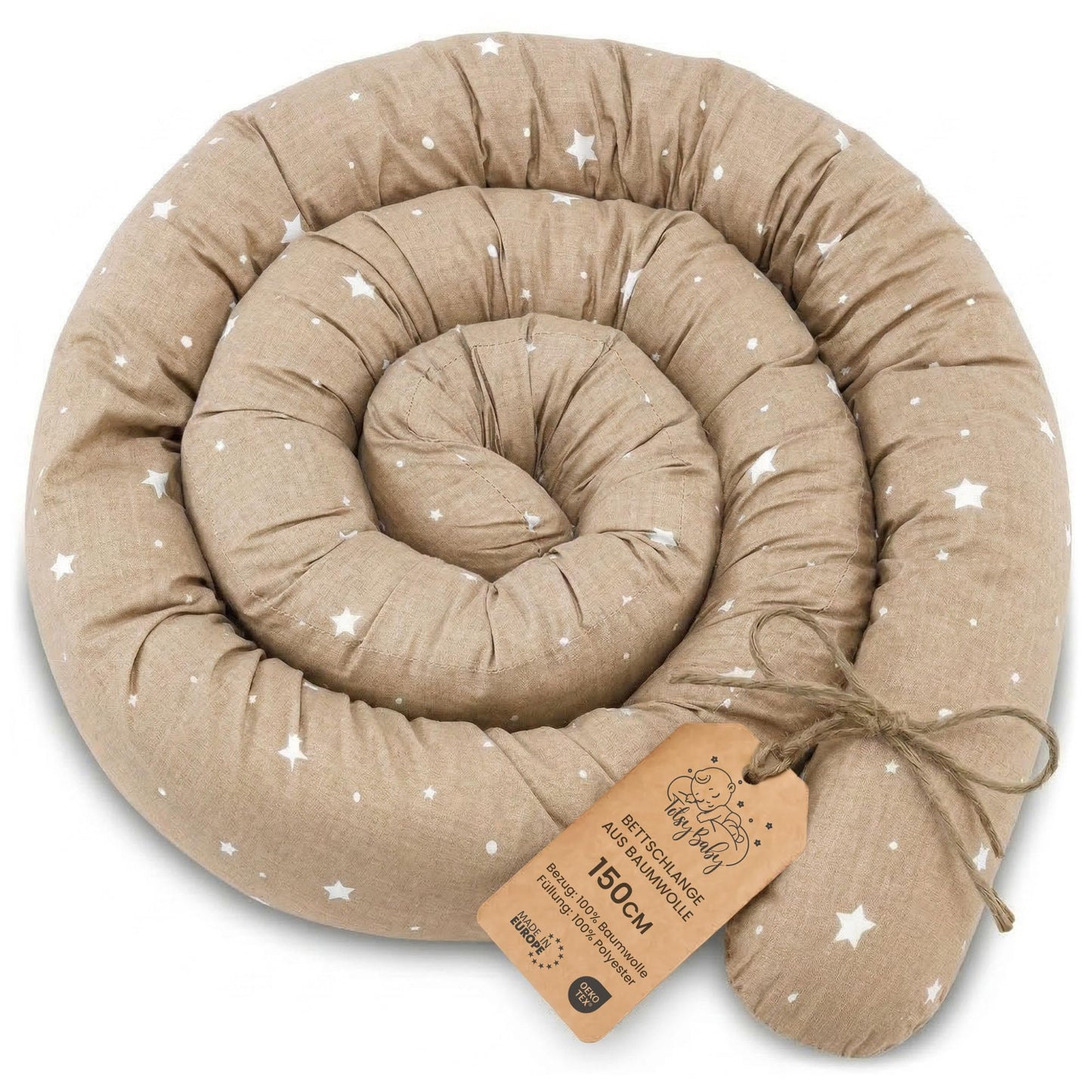 Bettschlange mit waschbarem Bezug, Beige mit Weiss Sternen 150 cm