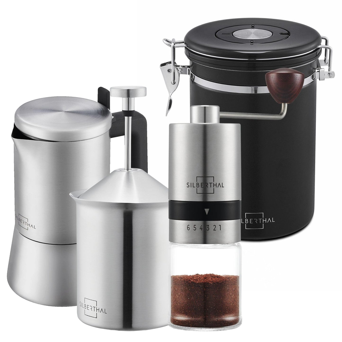 Espressokocher Komplett-Set mit Mühle, Milchaufschäumer und Kaffeedose, Spar-set Espresso Komplett- 4er Set