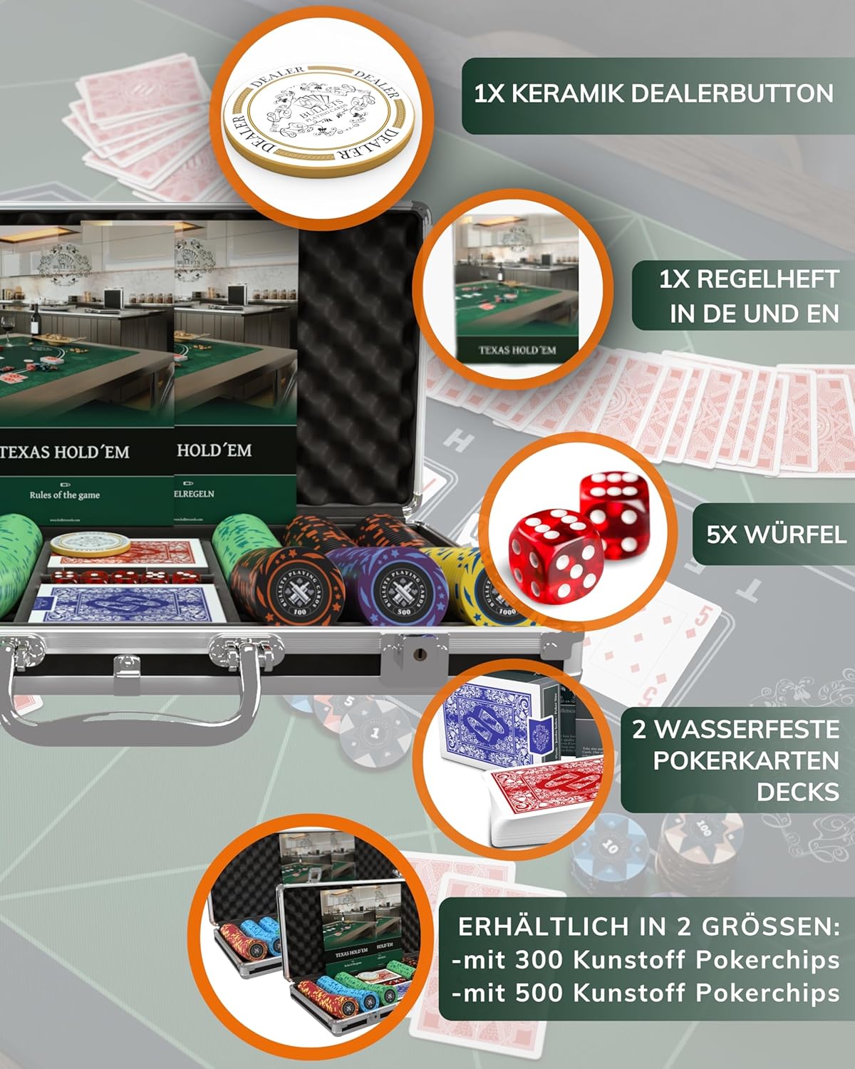 Pokerset Janice mit 300 Chips und Dealerbutton, 300 Chips