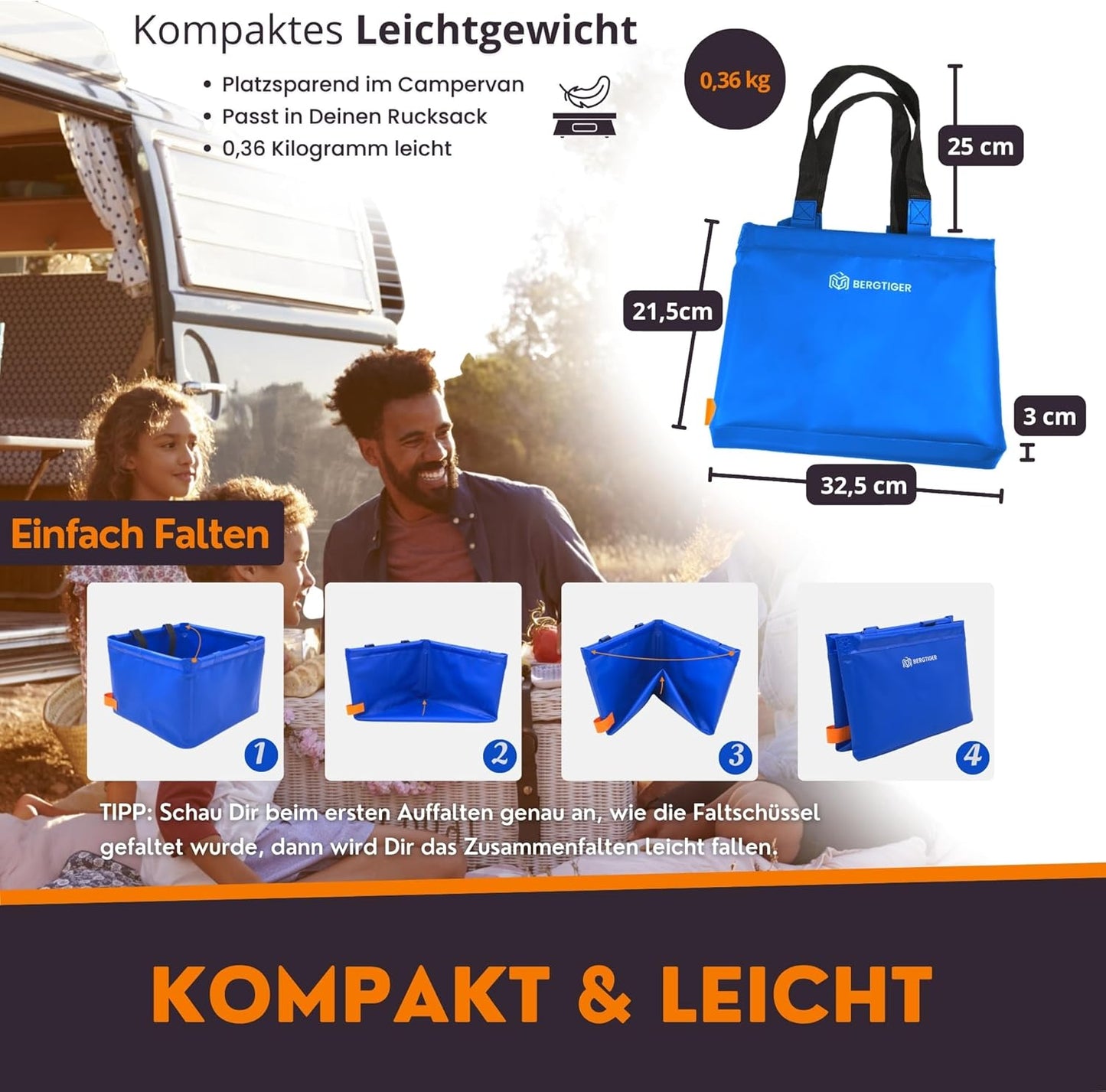 Faltbare Camping-Spülwanne mit Griff, Royalblau / Orange - 22 Liter