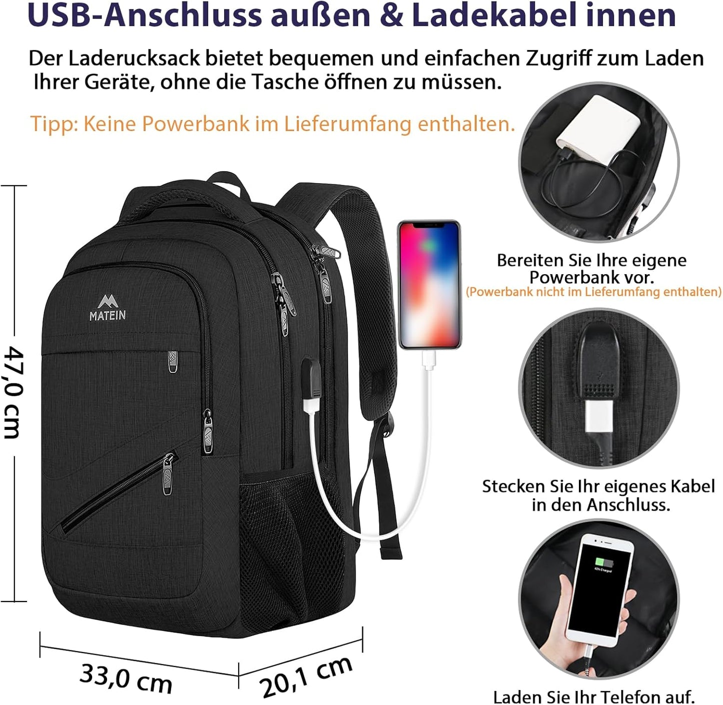Laptop-Rucksack 17 Zoll mit USB Ladeanschluss, 17.3 zoll Schwarz
