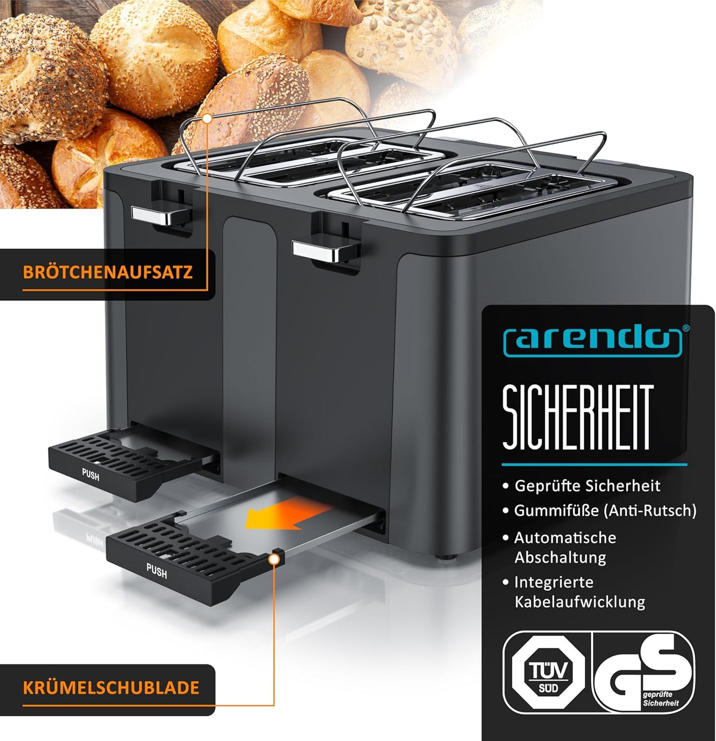 Toaster Manana X2 mit 4 Scheiben und Brötchenaufsatz, D: Cool Grey