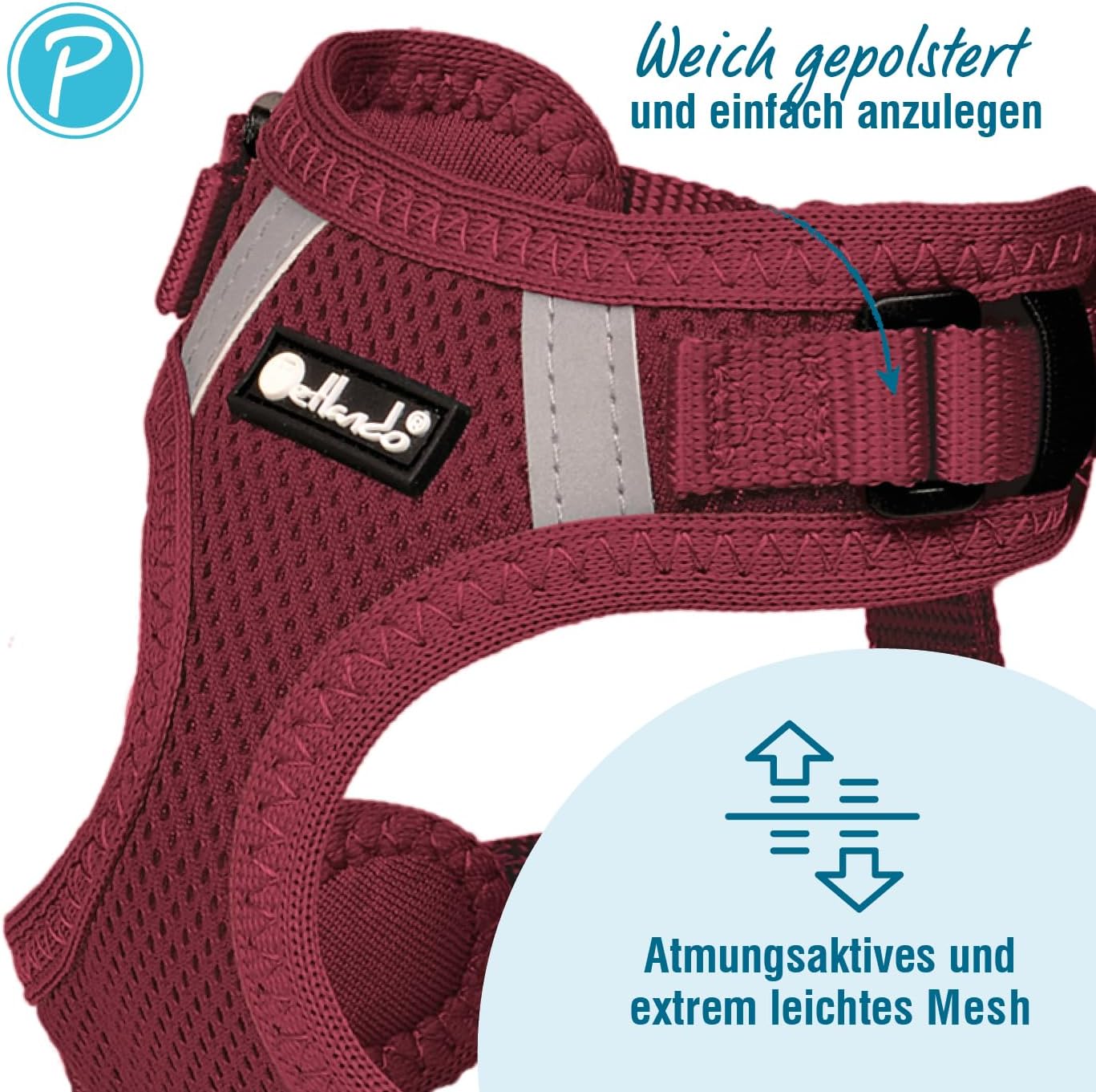 Leichtes Mesh-Hundegeschirr, verstellbar, reflektierend, Bordeaux XL