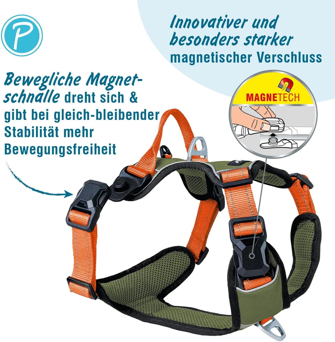 Hundegeschirr Magnetech mit Magnetschnalle und Griff, reflektierend, Olive/ Orange XL