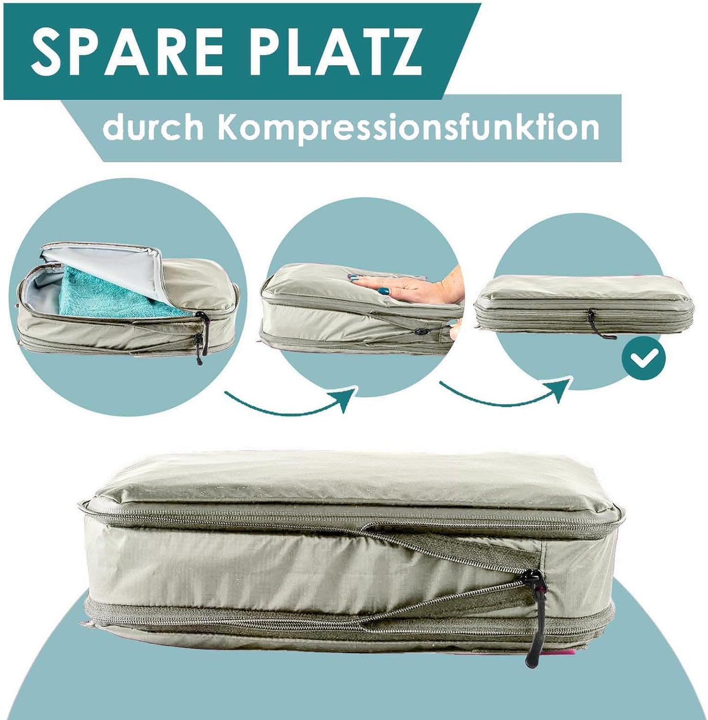 6-teiliges Packwürfel-Set mit Kompression, Beige 6-teiliges Set