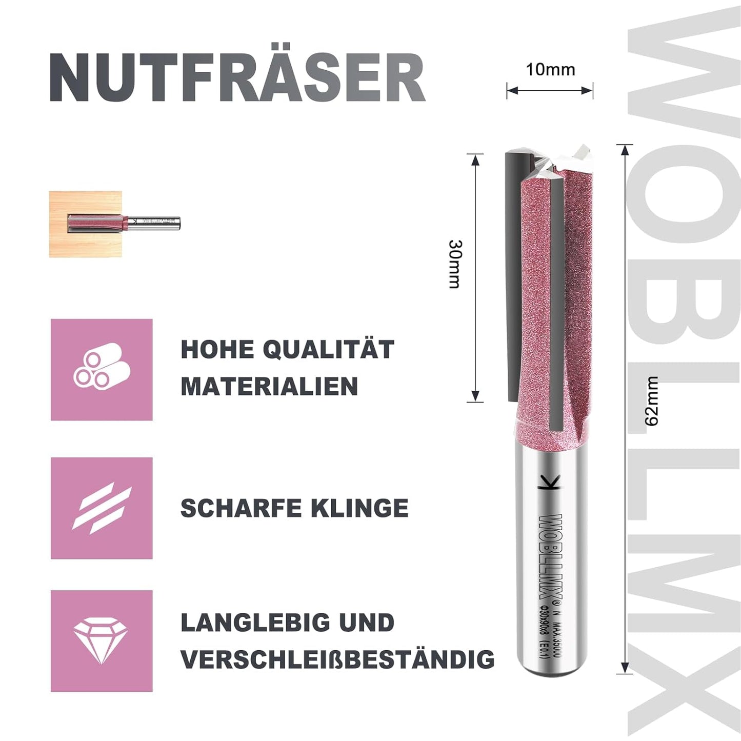 3-Klingen Nutfräser, Ø:10mm L:30mm TL:62mm