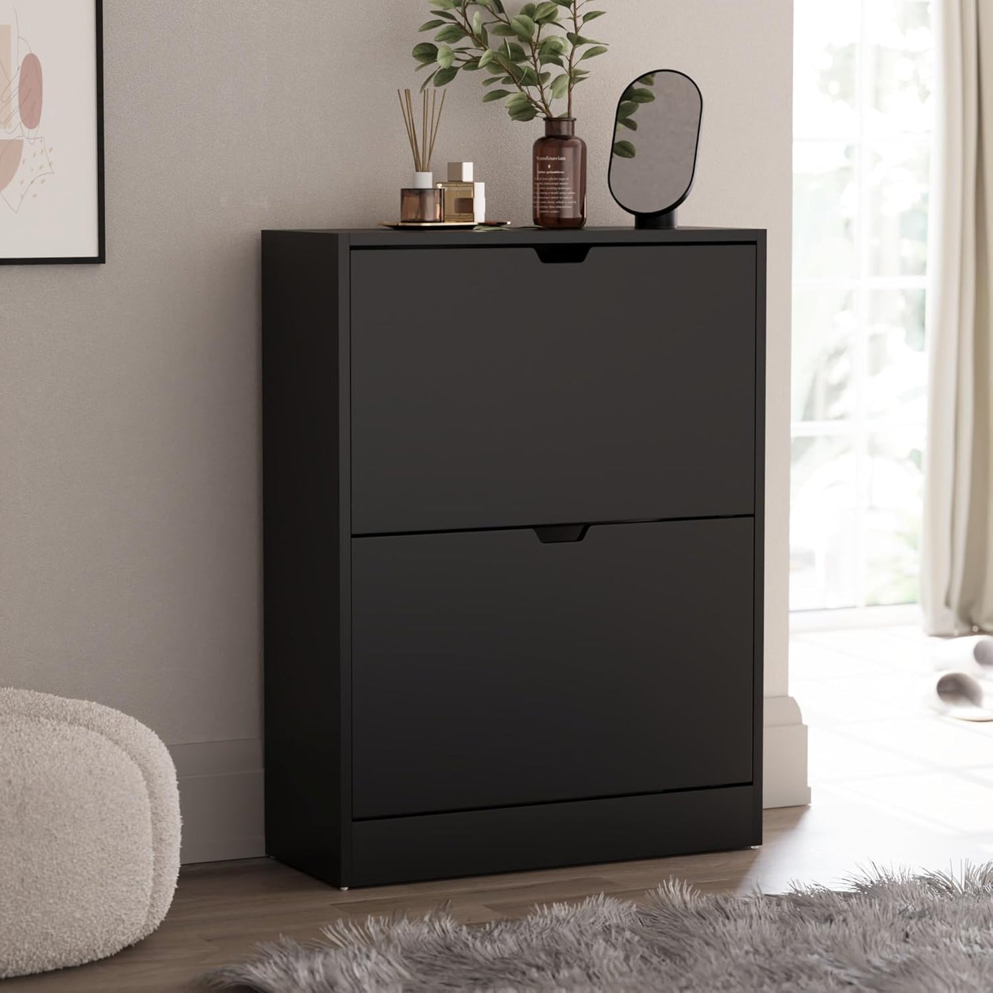 Schuhschrank mit 2 Klappschubladen, Schwarz
