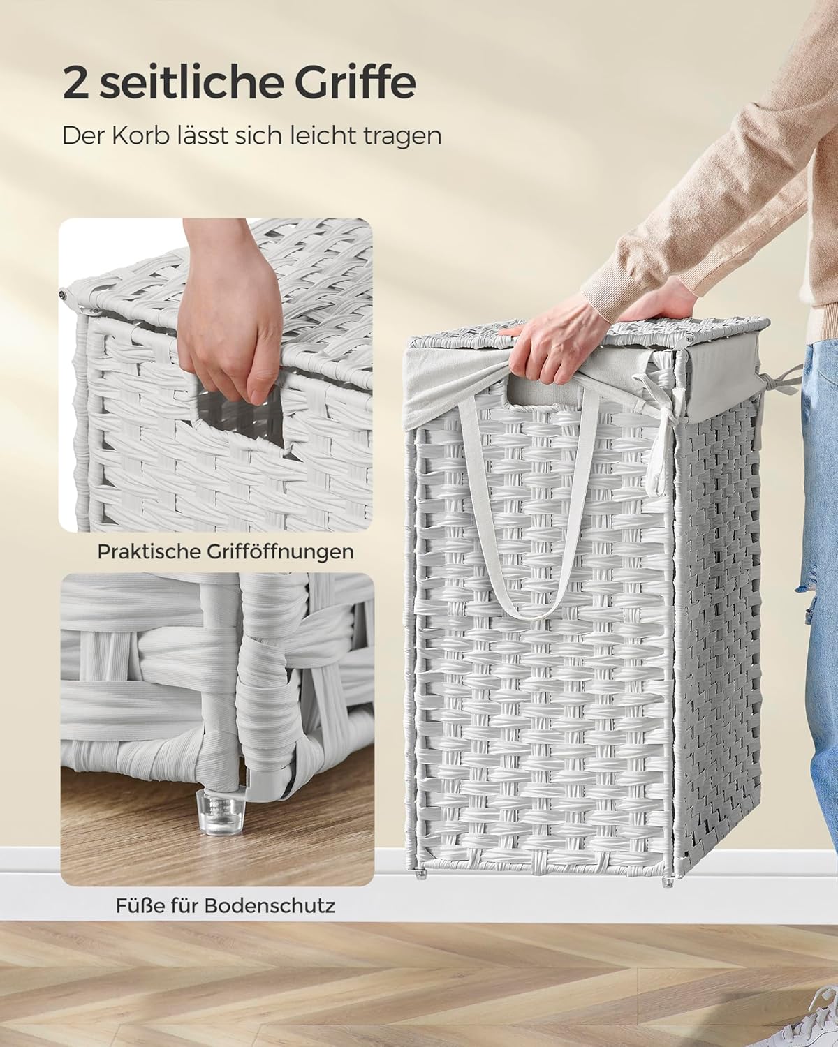 Geflochtener Wäschesammler mit Deckel und Wäschesack, Wolkenweiss 90 L