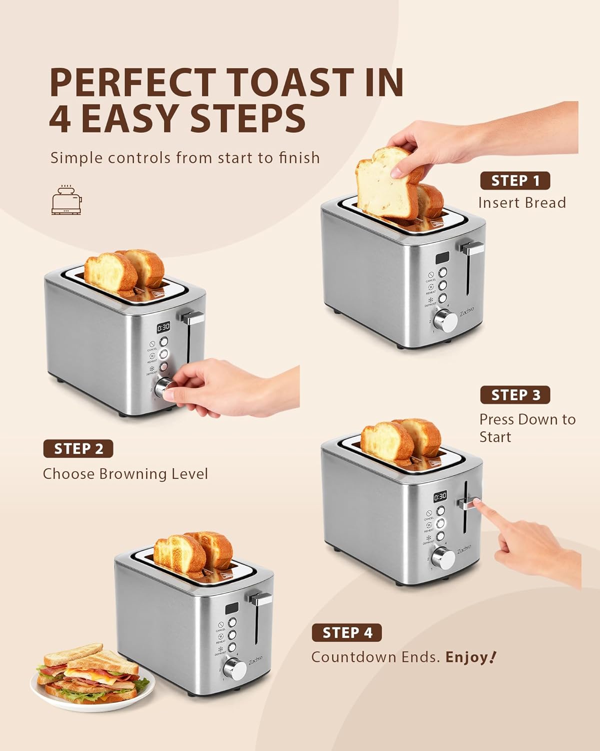 Toaster mit Brötchenaufsatz, Silber - Led Drehknopf