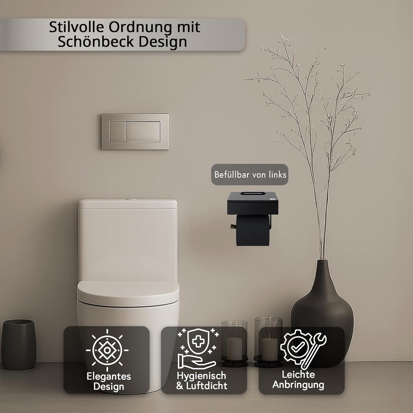 Toilettenpapier- und Feuchttuchhalter, Gehäuse Schwarz Matt Glas Schwarz Links