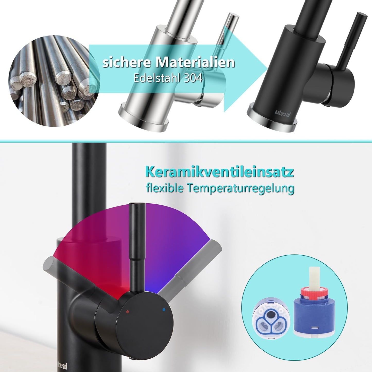 Niederdruck Küchenarmatur A1001 mit 360° Drehung, U-schwarz Matt