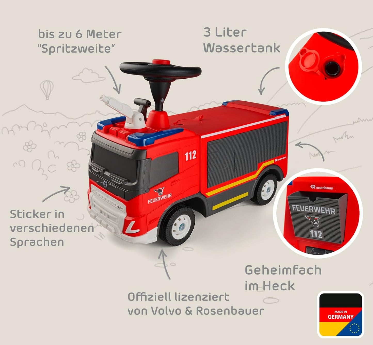 Rutschauto Feuerwehr mit Hupe und Wasserspritzer