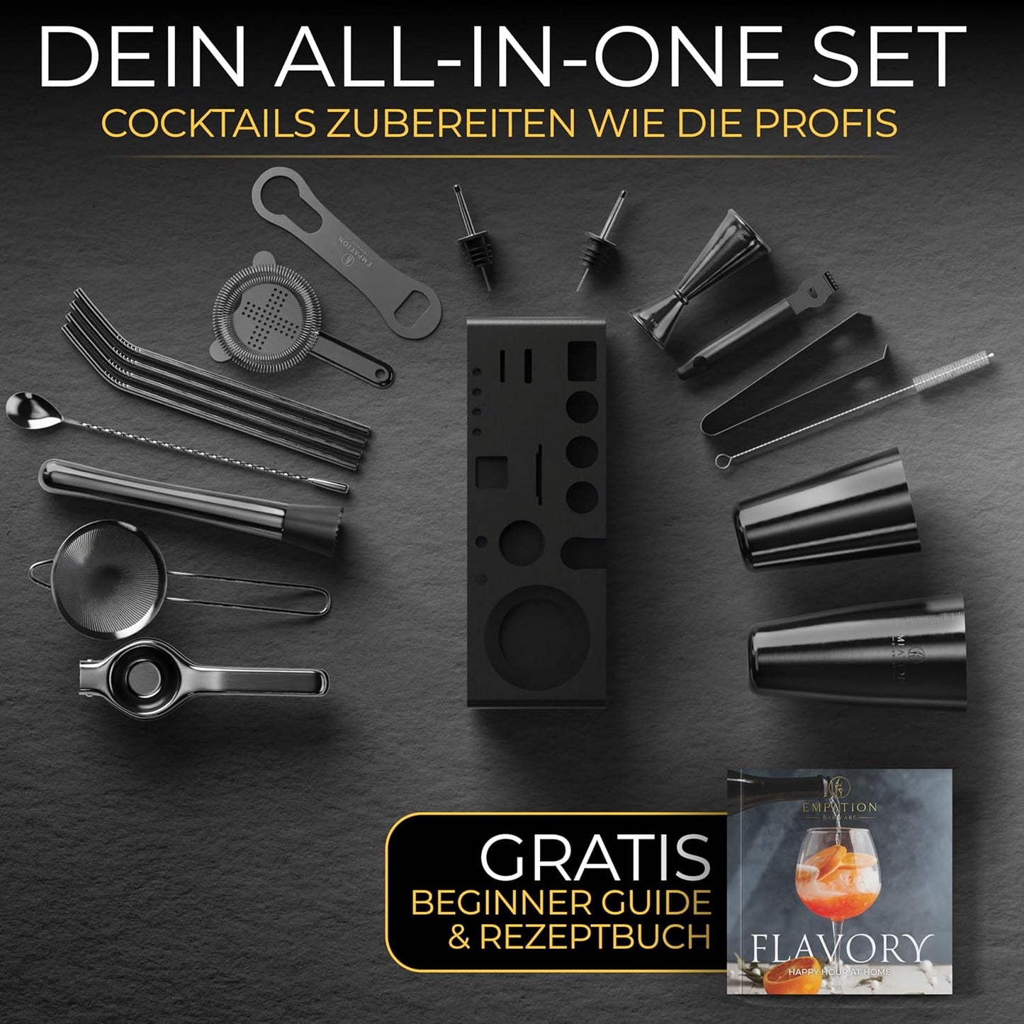 Cocktail-Shaker-Set mit Bar Zubehör (Testsieger), Schwarz