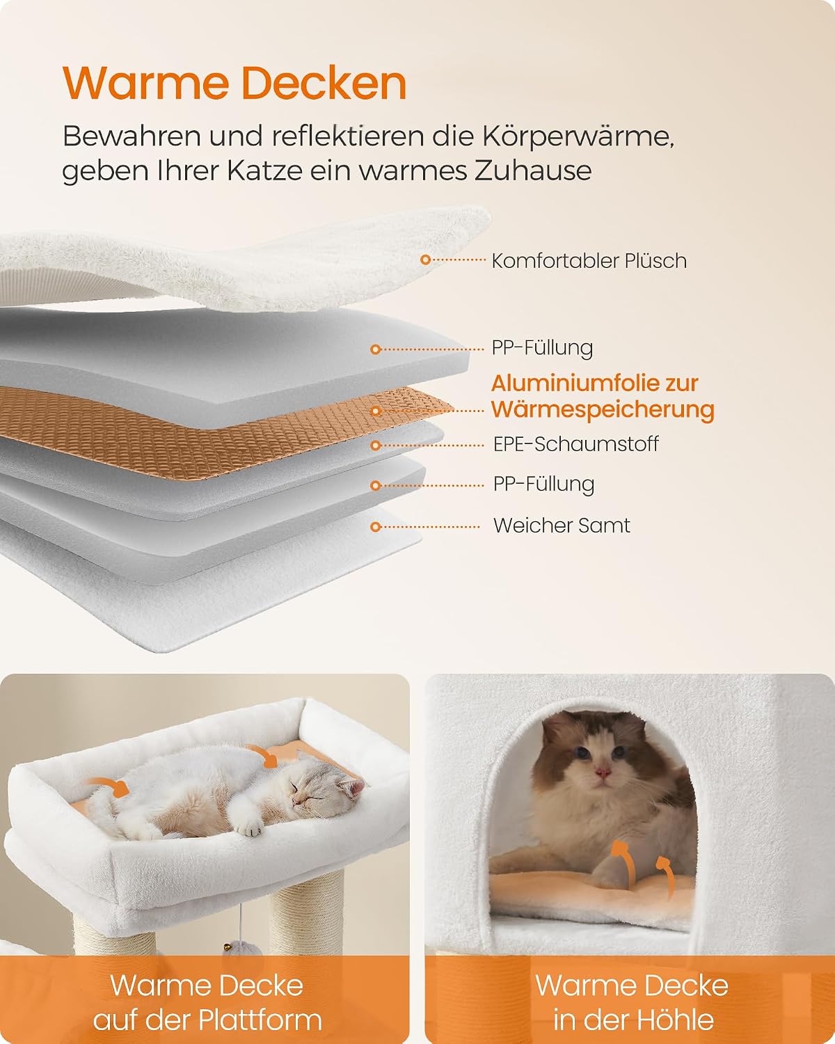 Kratzbaum für grosse Katzen mit Bürsten und Höhle, cremeweiss + beige