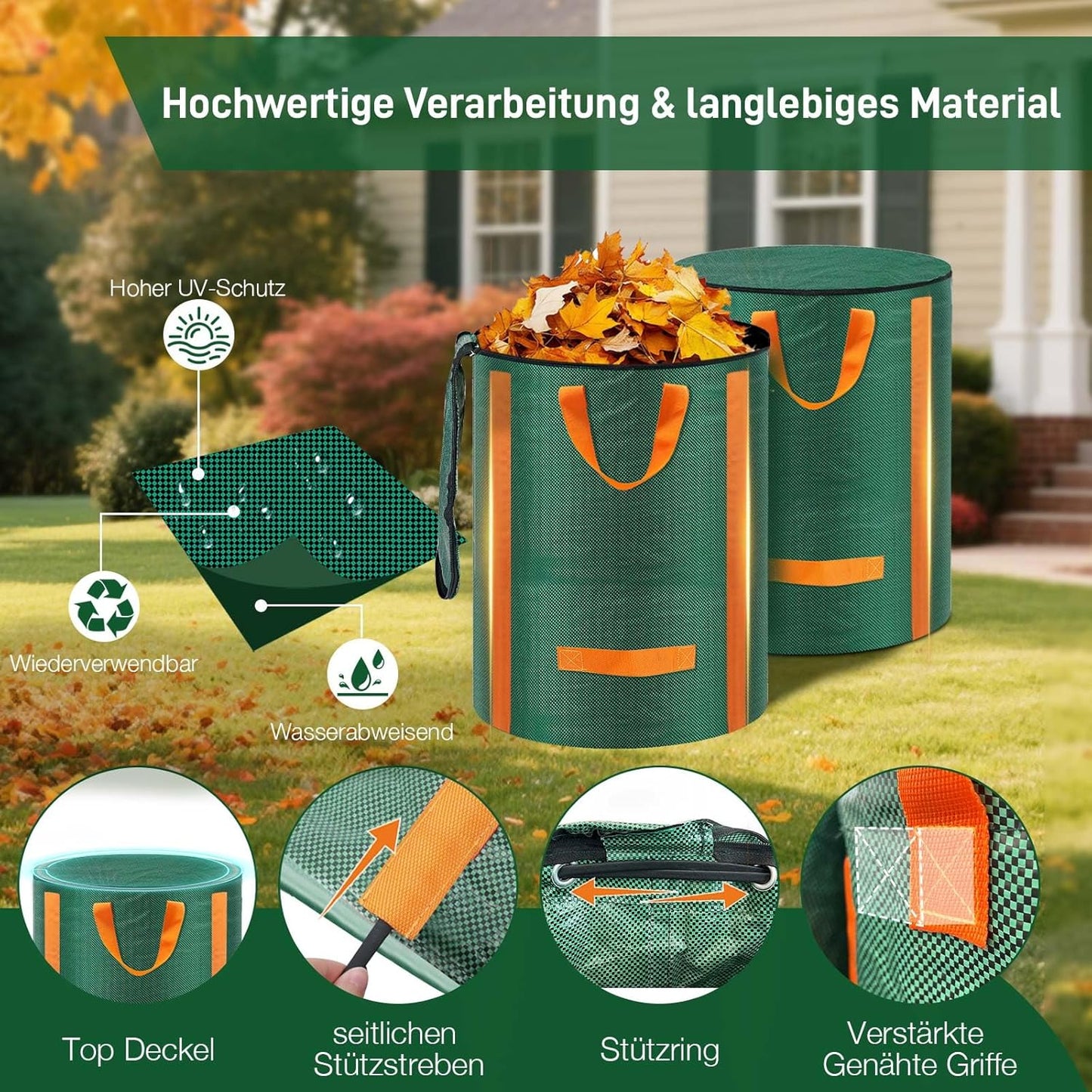 3-teiliges Gartenabfallsack-Set mit Deckel und Griffen, 3x 120L
