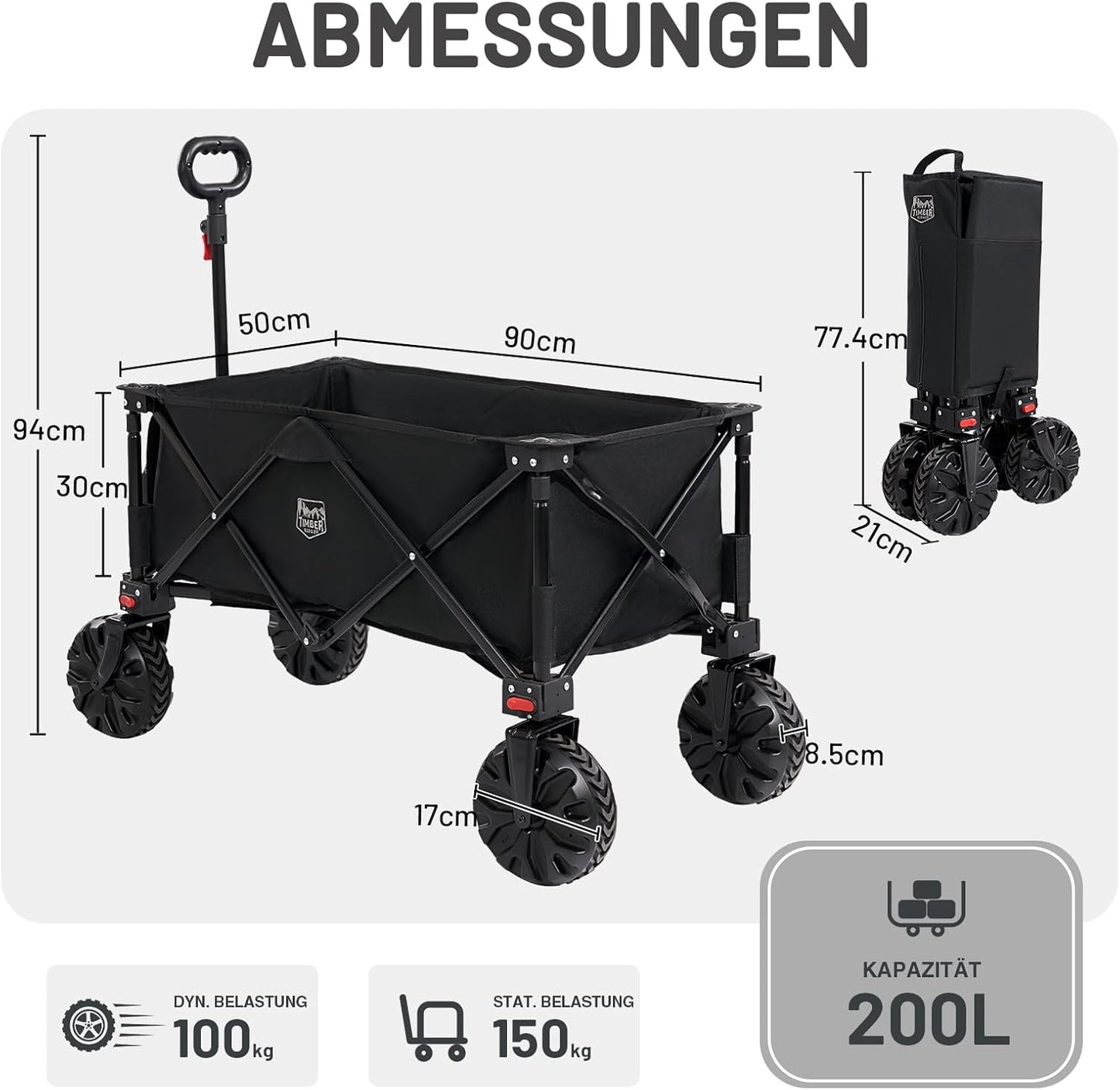Faltbarer Bollerwagen mit Bremsen, Grosse Räder mit Bremse Schwarz