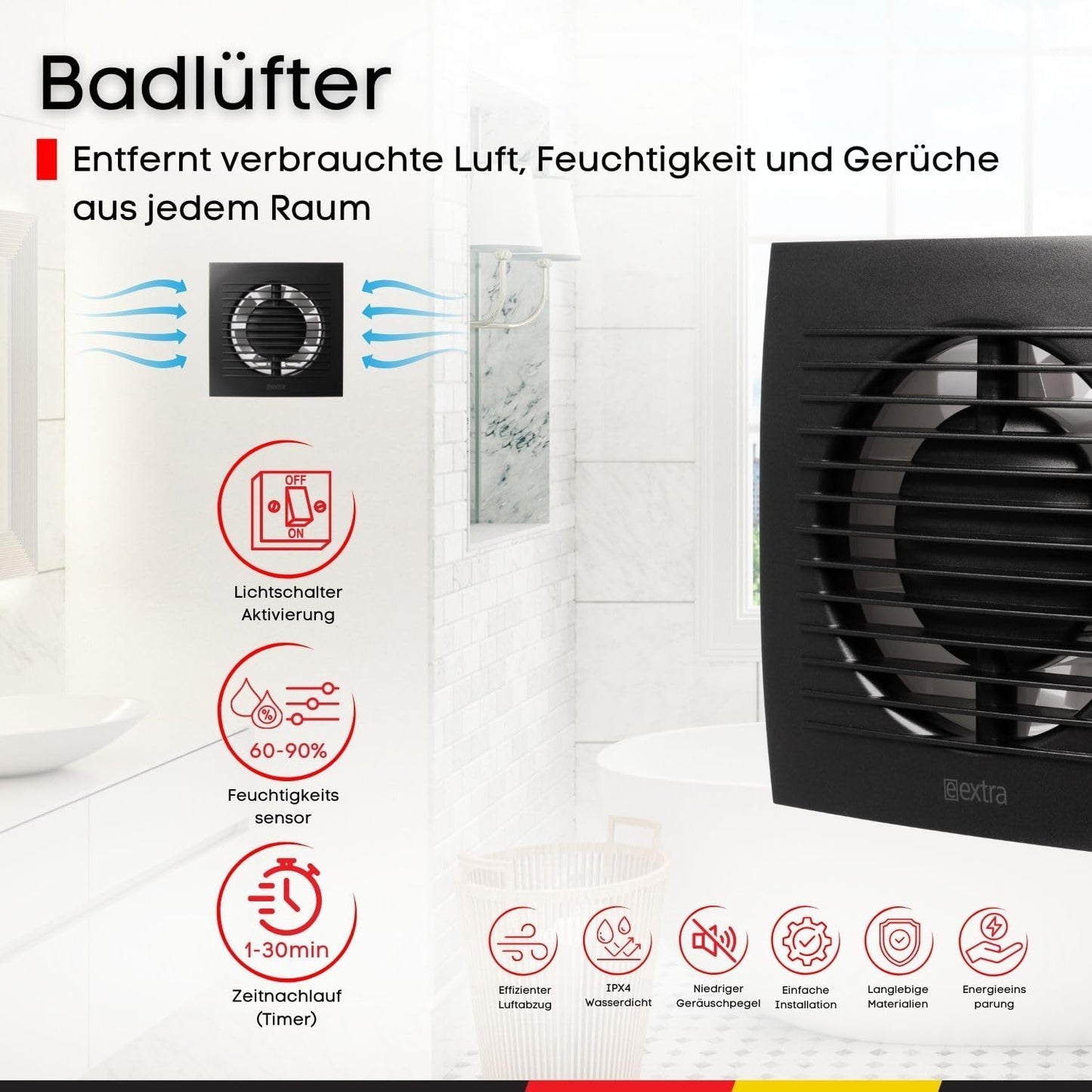 Badlüfter mit Feuchtigkeitssensor und Timer, Ø 100mm Anthrazit