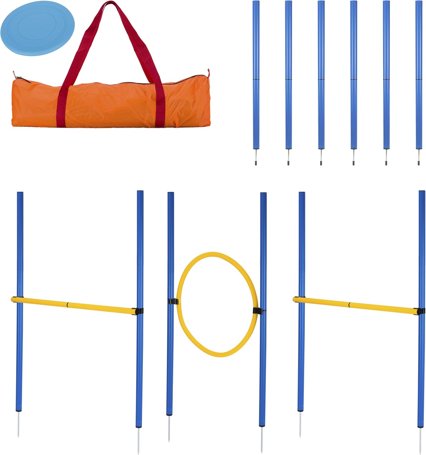 Agility Slalom- und Hindernis-Set, 12 Stangen + 2 Hindernisse + 1 Ring blau-gelb