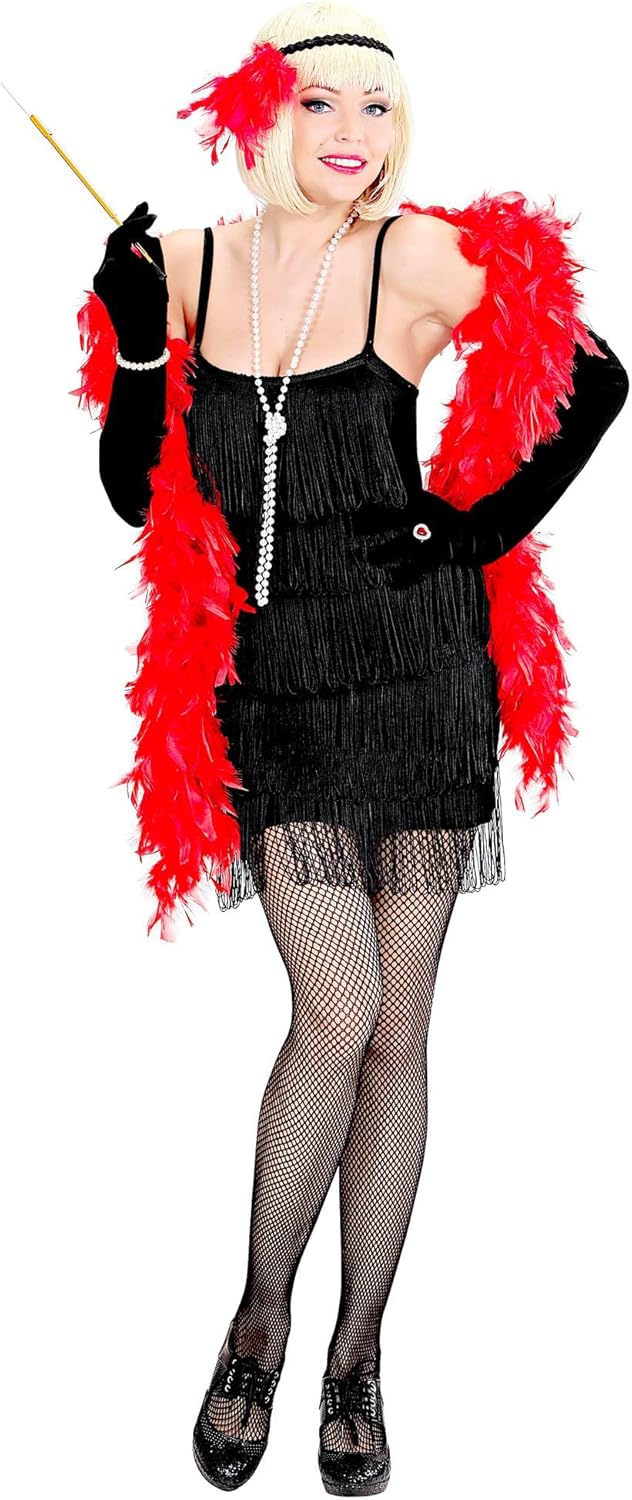 Flapper Fransenkleid 20er Jahre, (Kleid, Stirnband mit Federn)