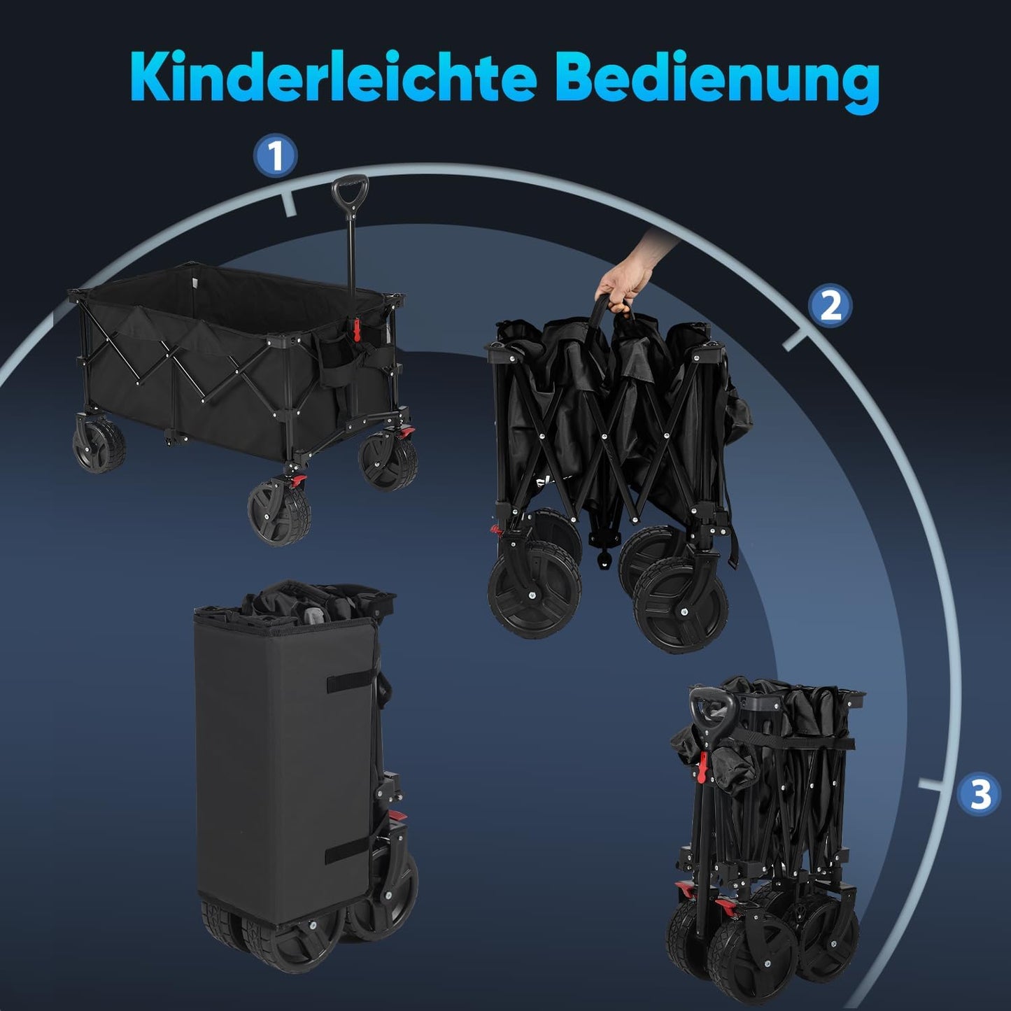 Faltbarer Bollerwagen mit Bremsen und breiten Reifen, Modell: XXL-PlusB 4011, Schwarz 8cm Räder