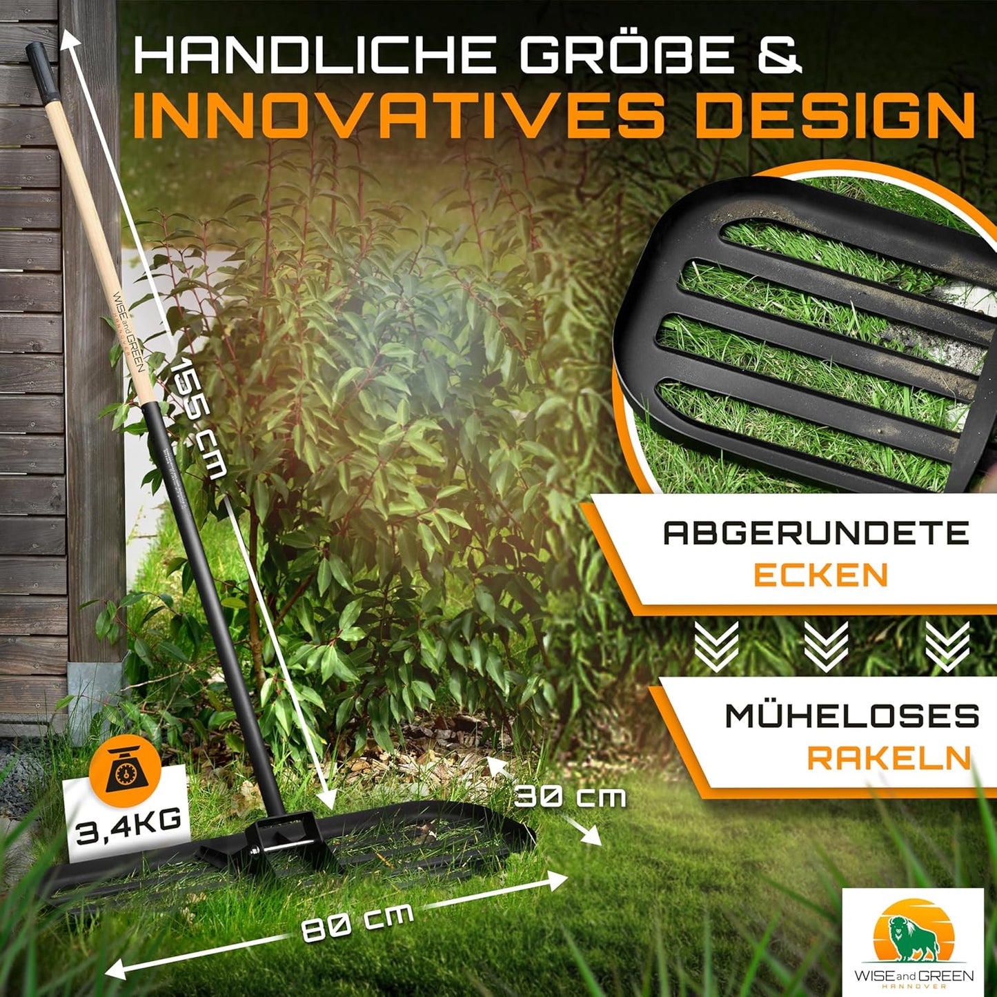Rasenrakel mit runden Ecken, Edelstahl (80x30cm)