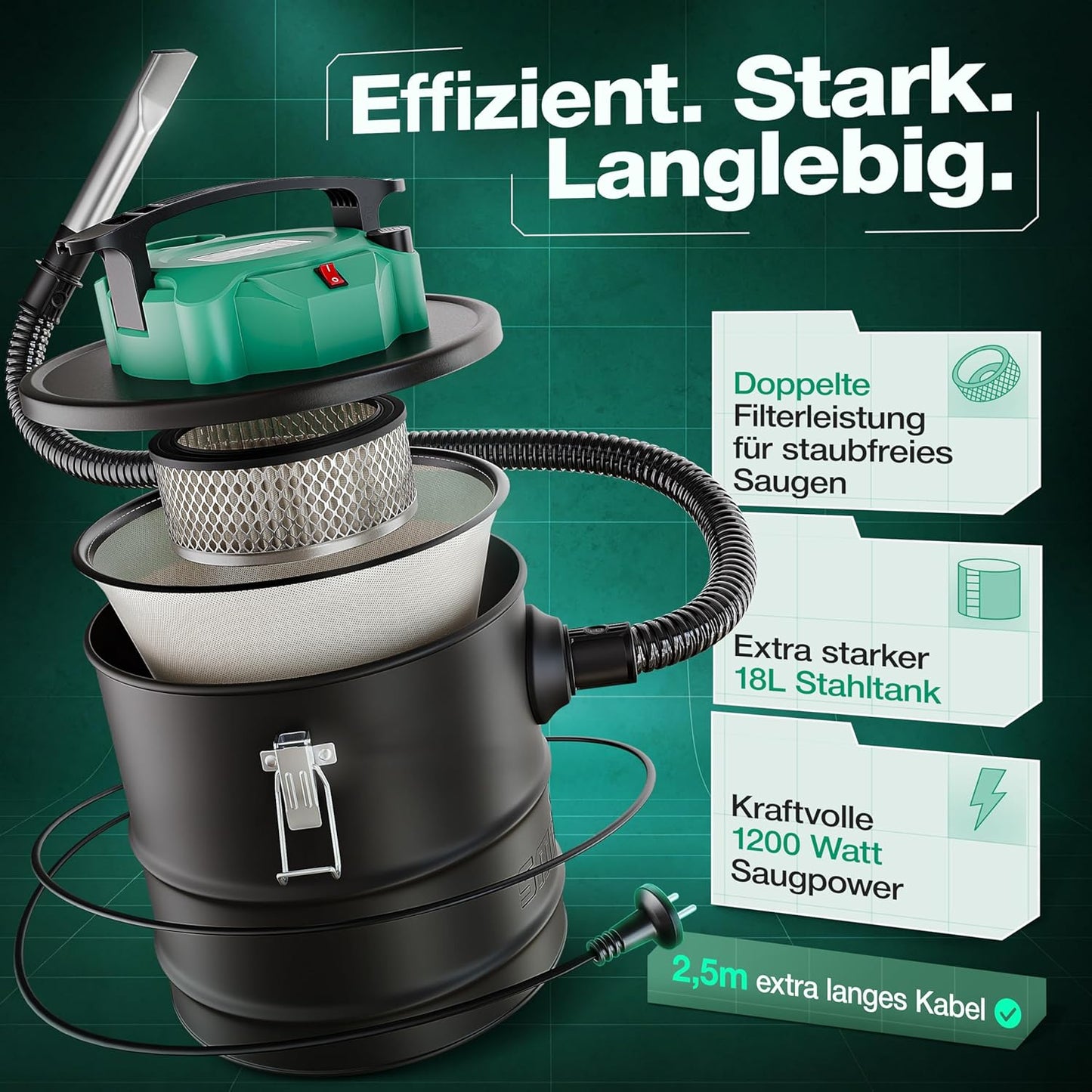 Aschesauger mit 18L Tank und HEPA-Filter