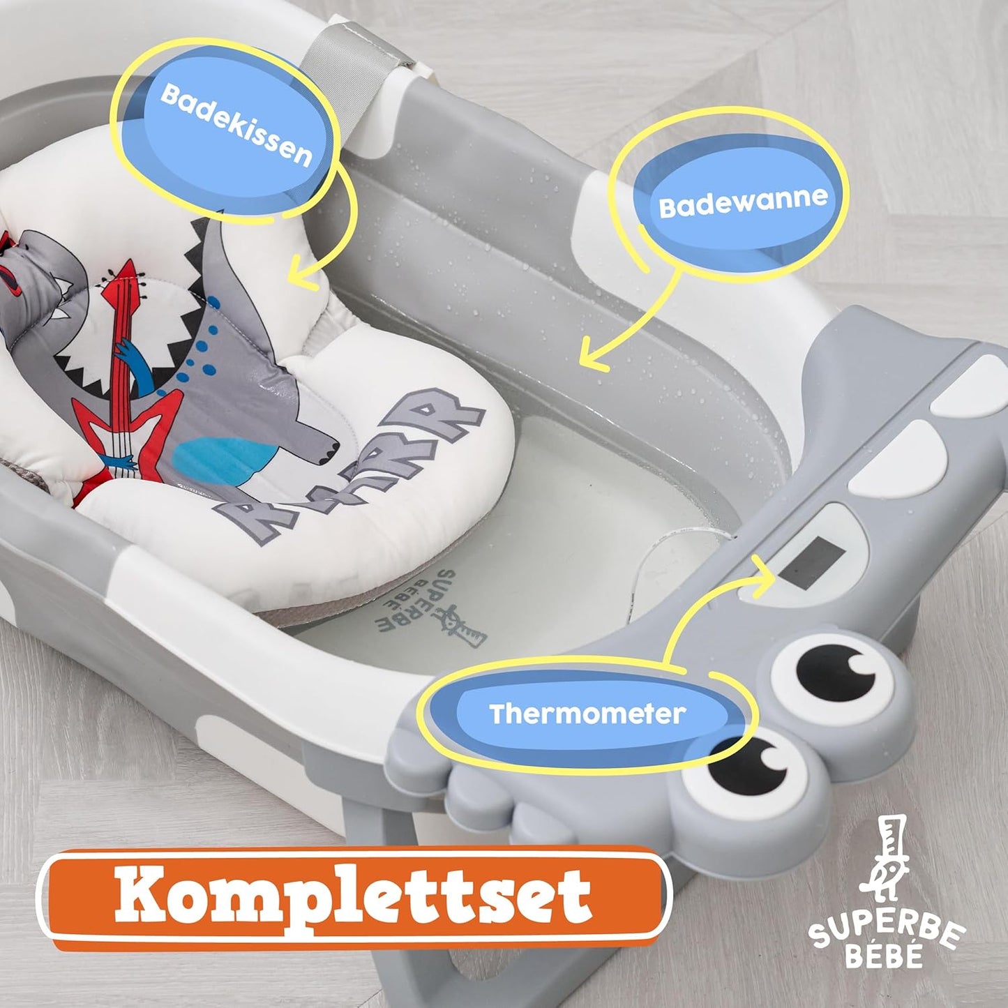 Faltbare Babybadewanne mit Badekissen, 2 x faltbar GRAU