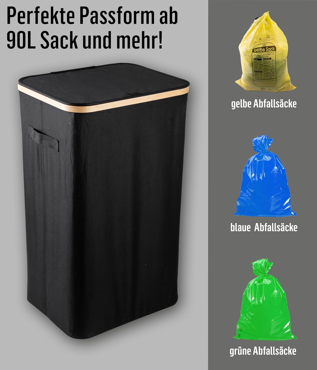Müllsackständer mit Bambusrahmen, 90L - Schwarz