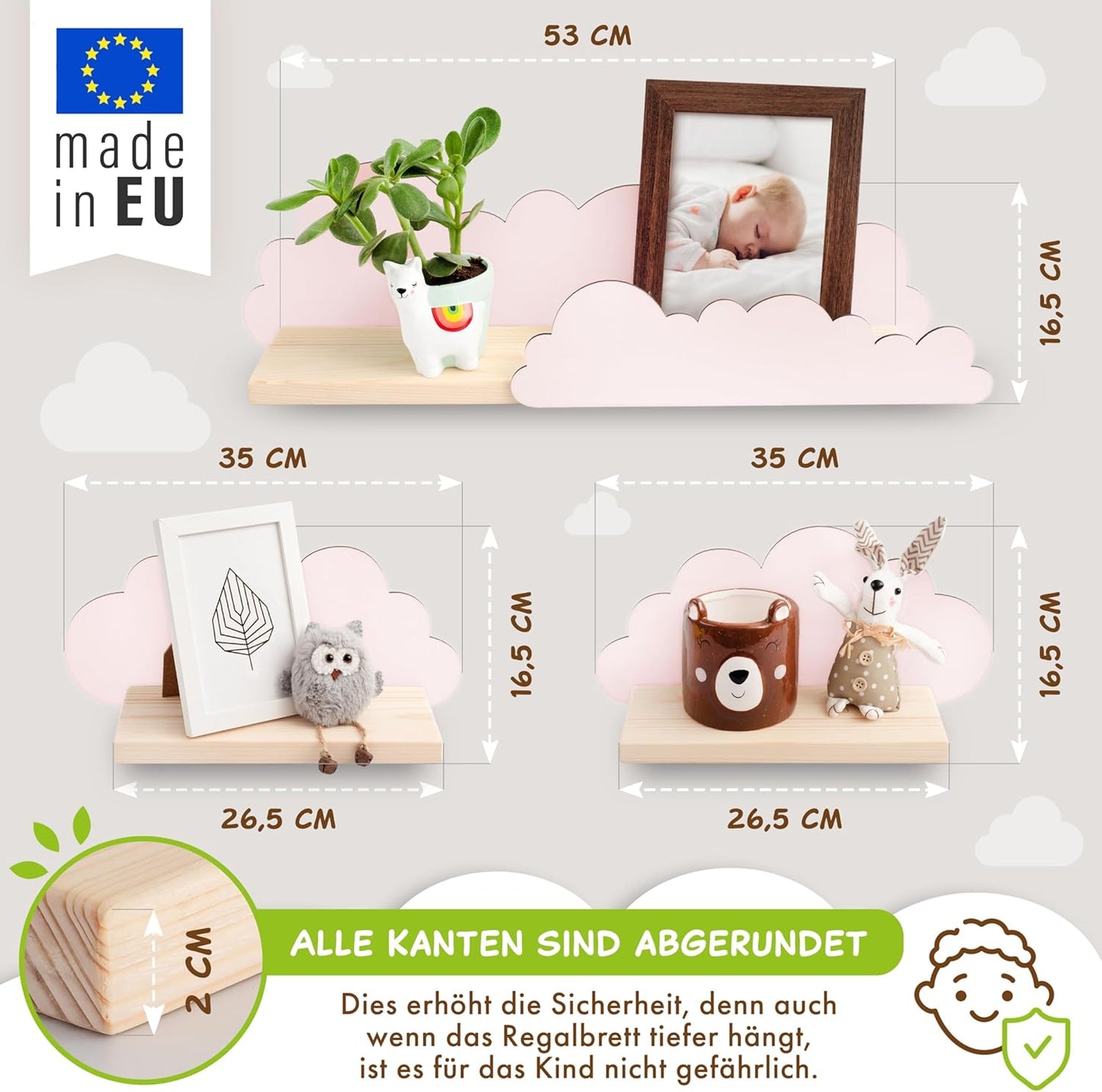 Holz Wandregal-Set für Kinderzimmer (3-teilig), Rosa